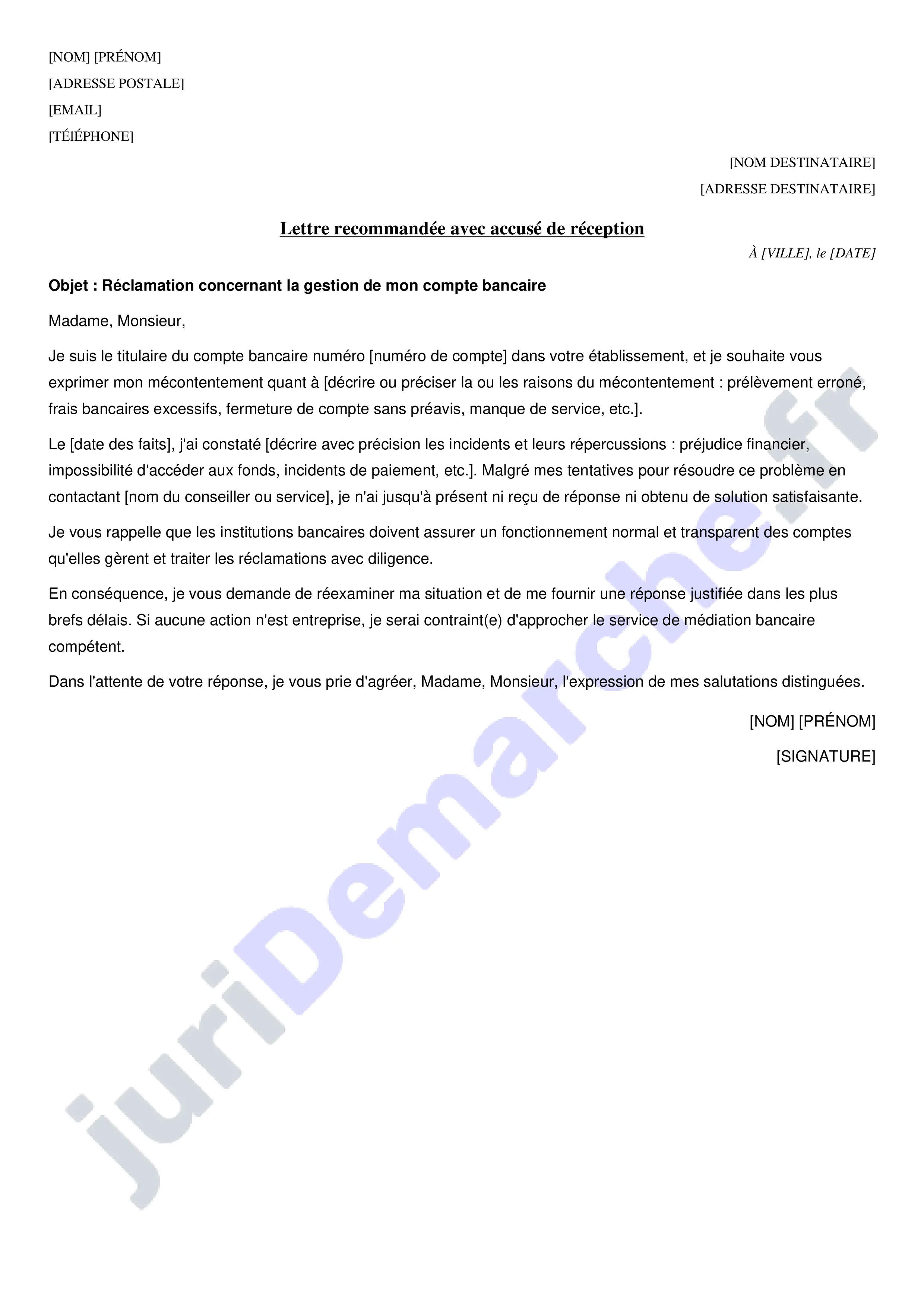 JuriD marche Mod le Lettre De M contentement Banque Exemple