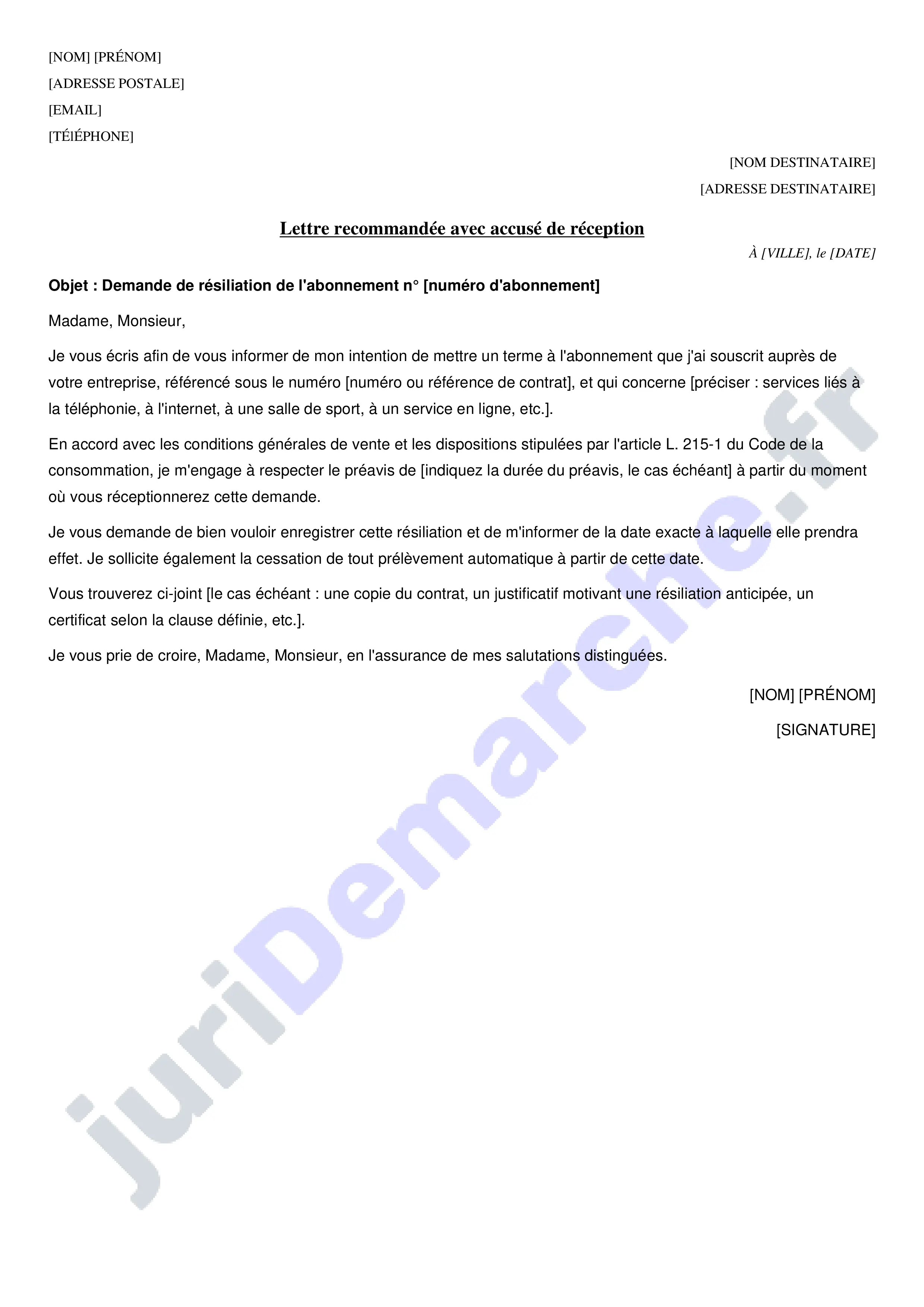 JuriD marche Mod le De Lettre De R siliation D abonnement Exemple