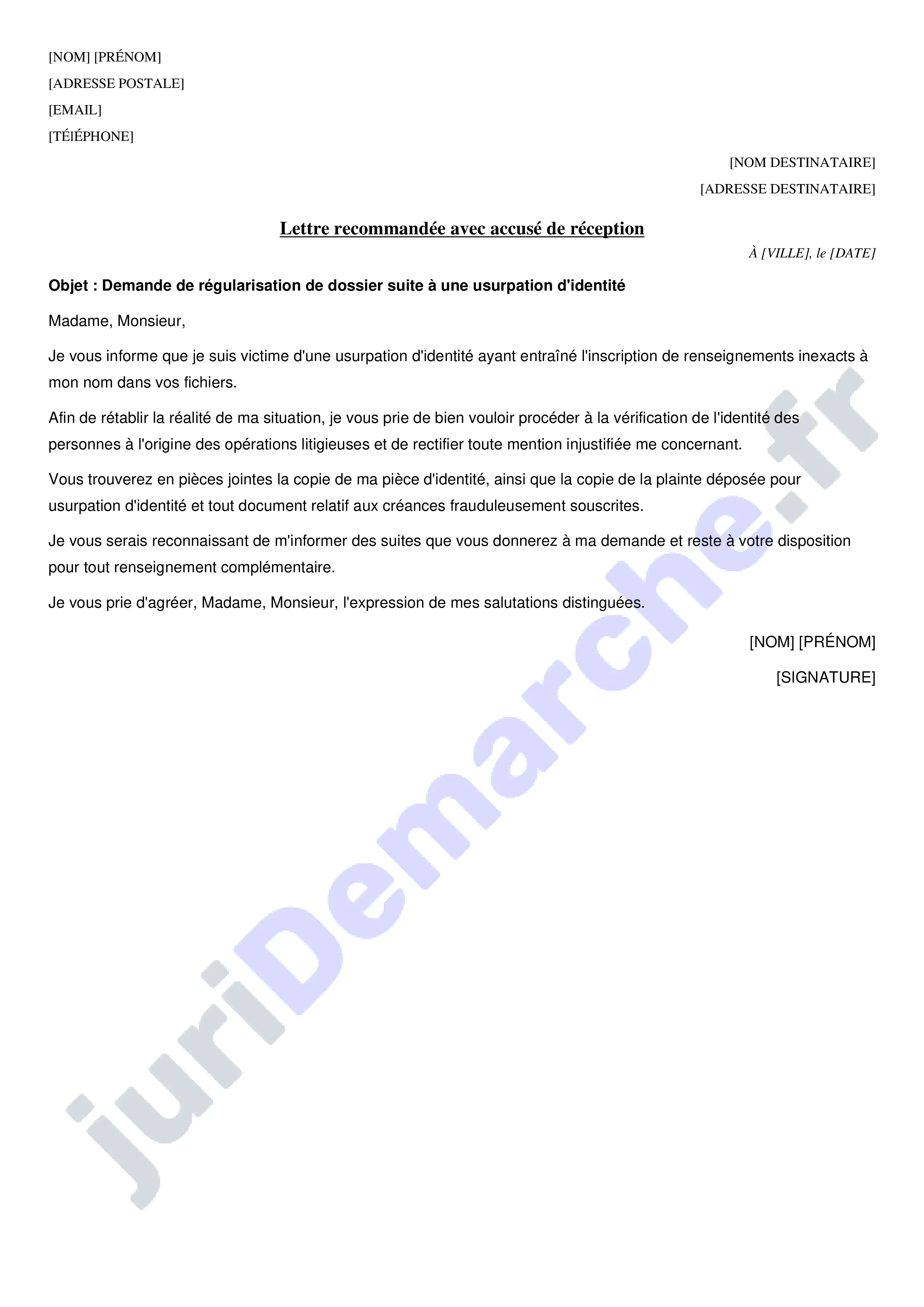 Courrier banque de France usurpation d'identité : exemple
