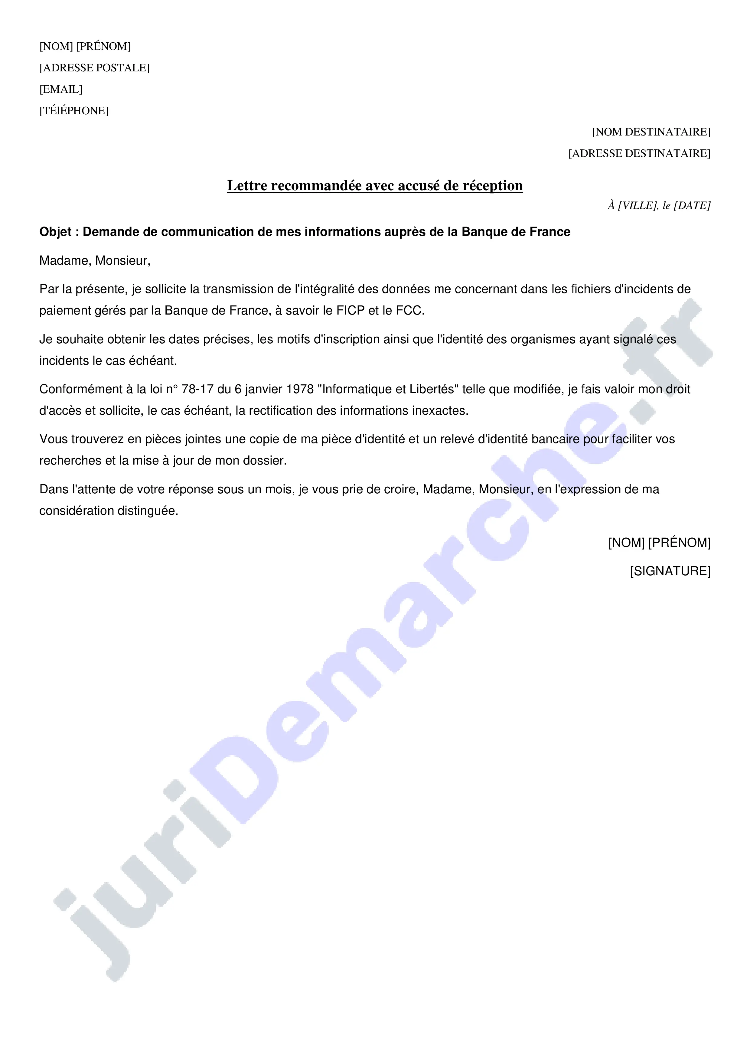 Modèle lettre pour connaître sa situation à la banque de france