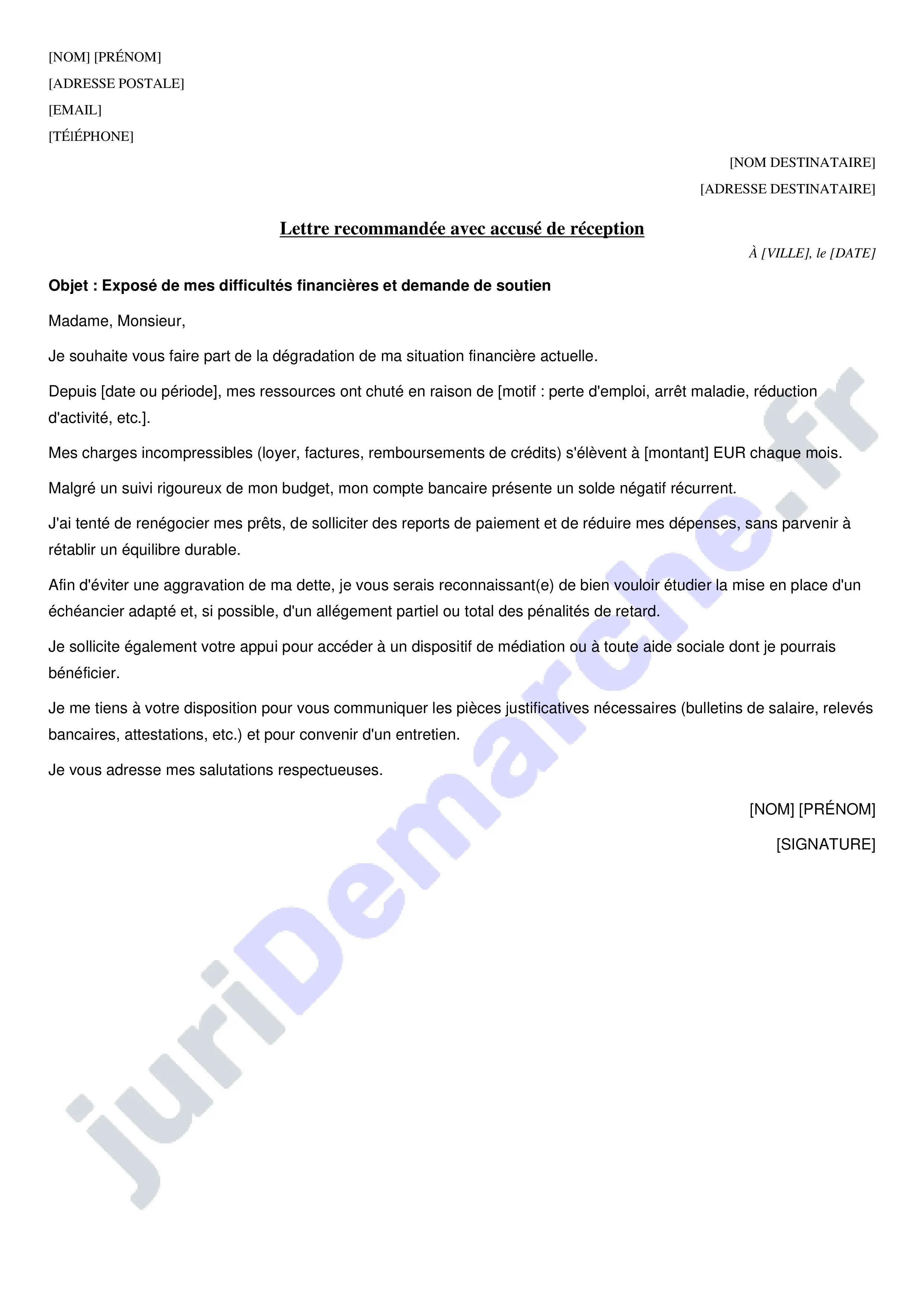 Modèle de lettre pour expliquer une situation financière difficile : exemple