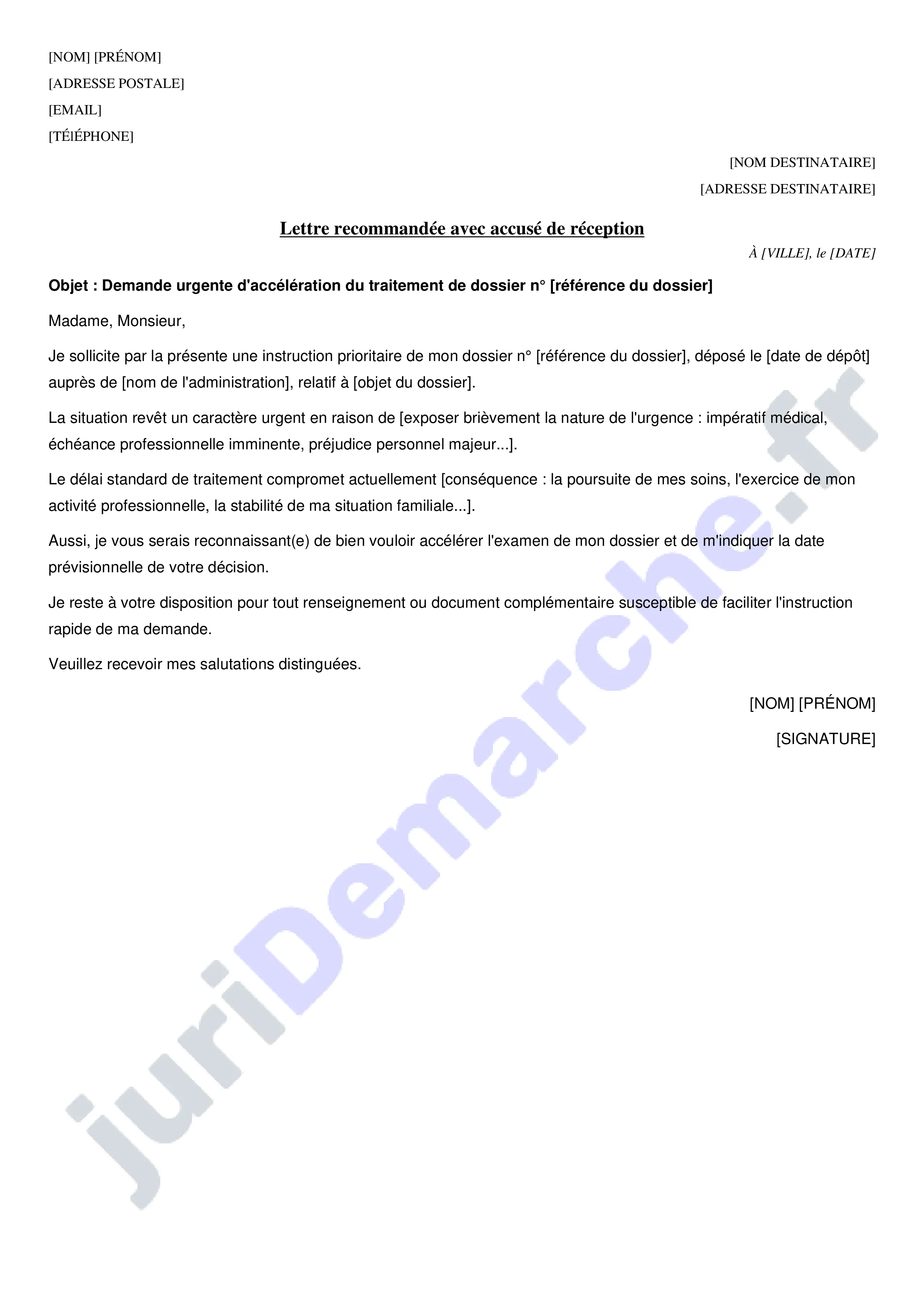 Lettre de demande de traitement de dossier en urgence : modèle