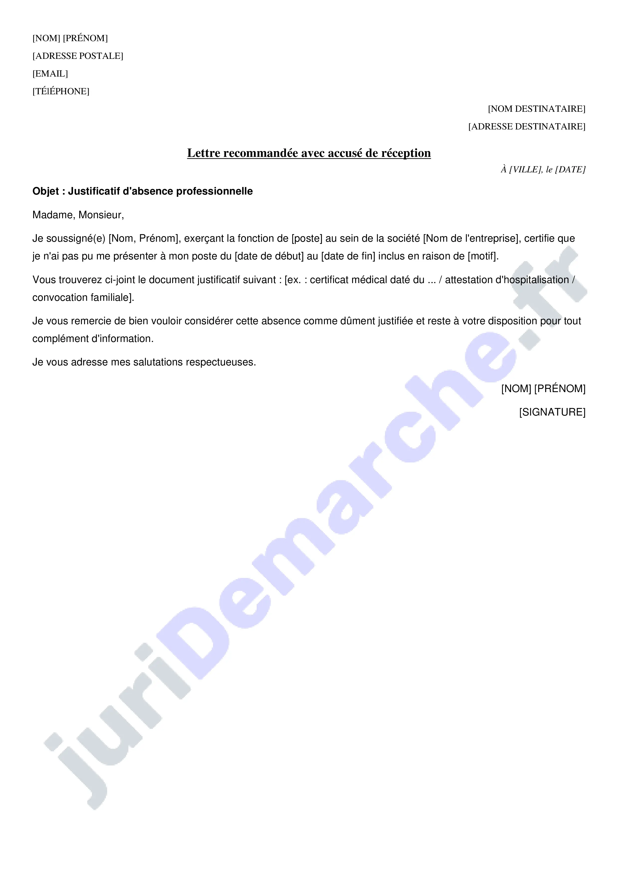 Modele de justificatif d'absence au travail