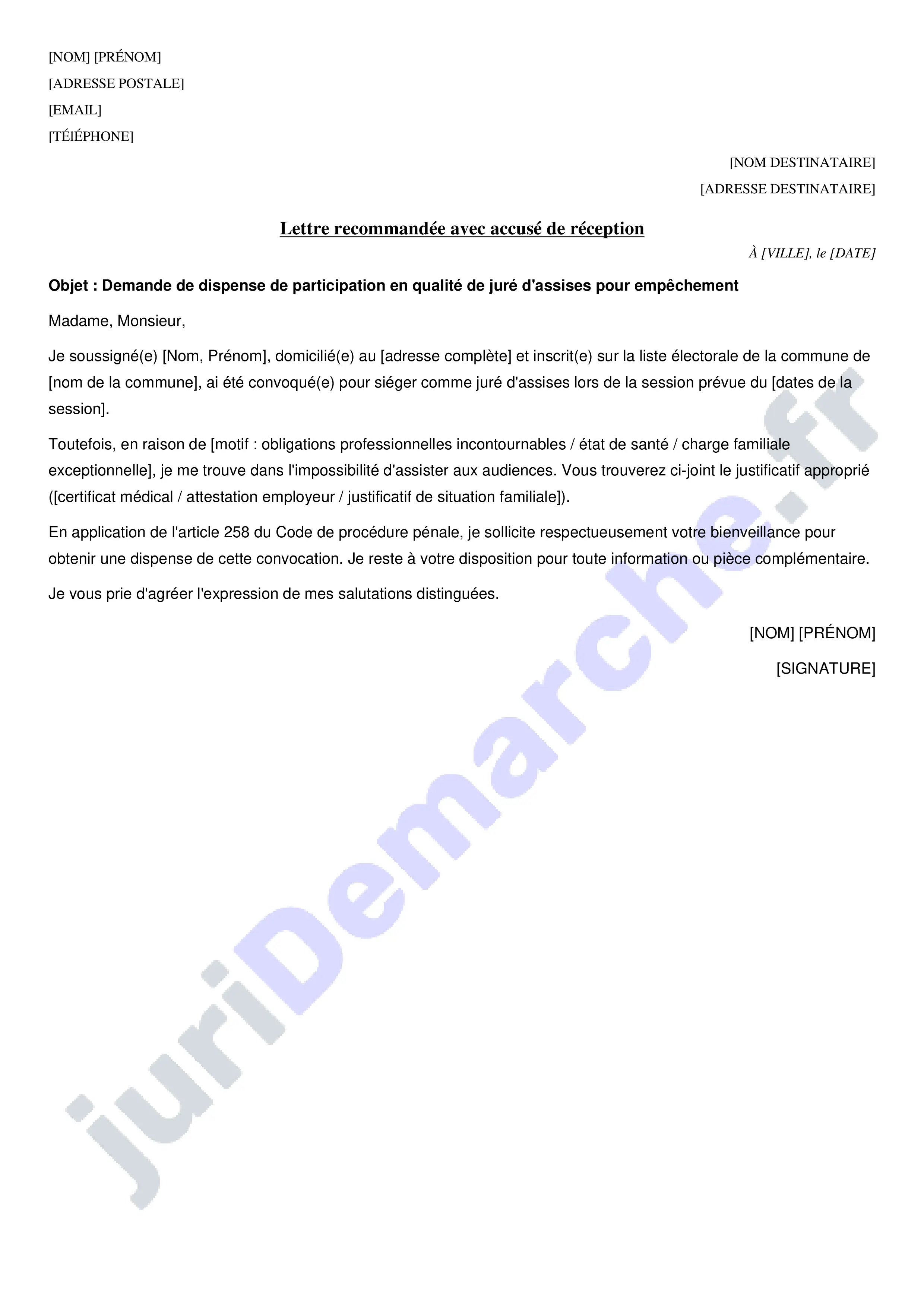Modèle lettre demande de dispense juré d'assises : exemple