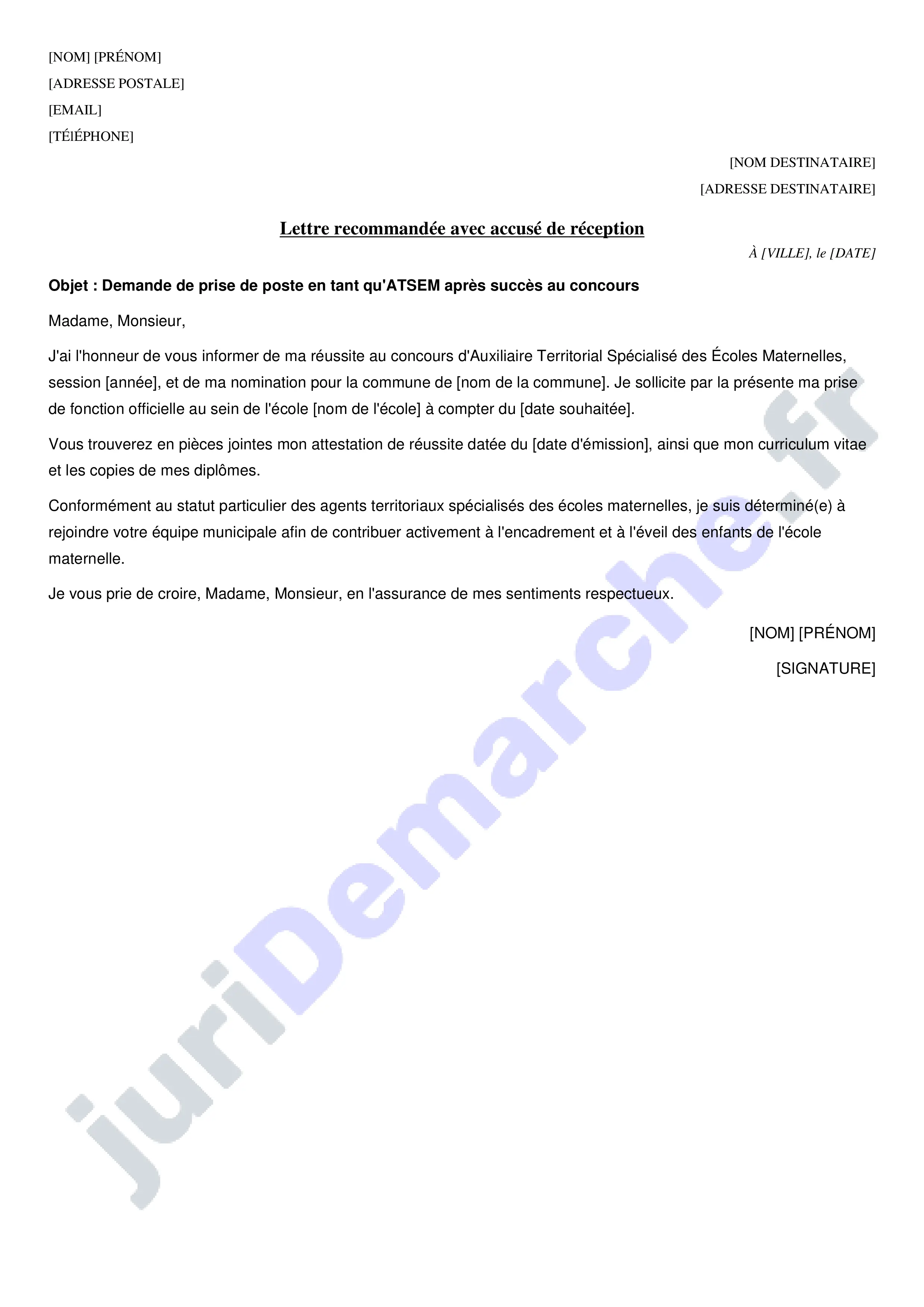 Modèle lettre demande de nomination suite réussite concours atsem