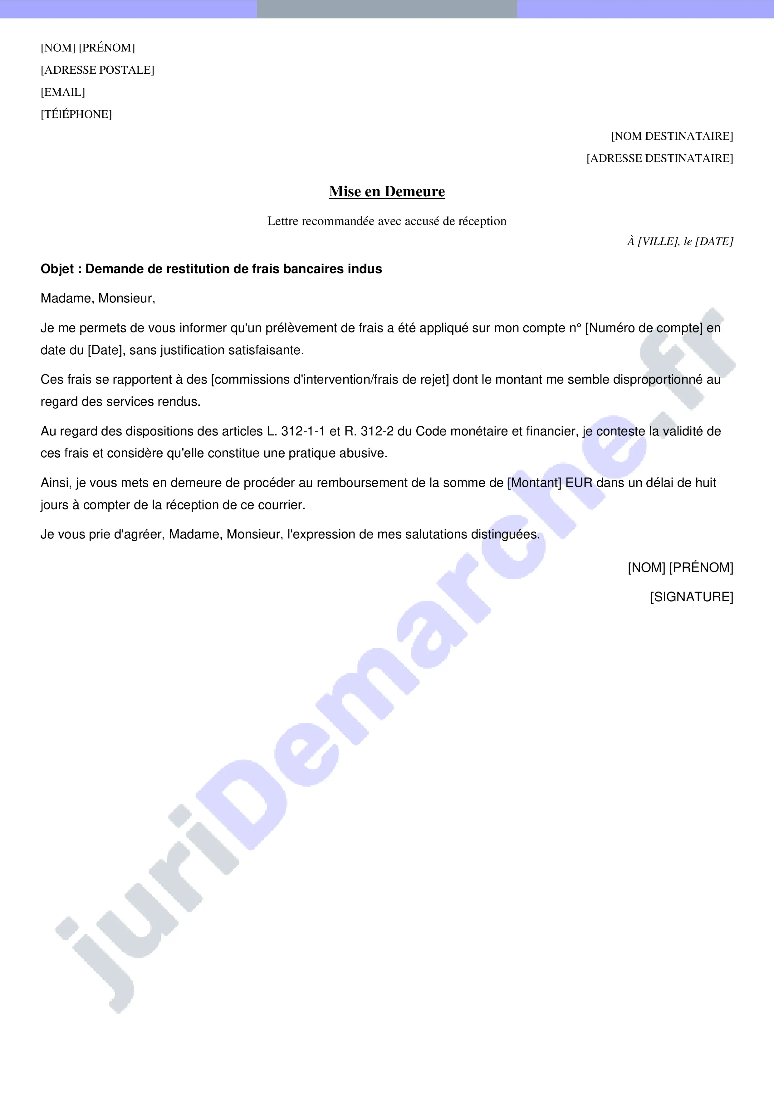 Lettre demande de remboursement de frais bancaire abusif : modèle