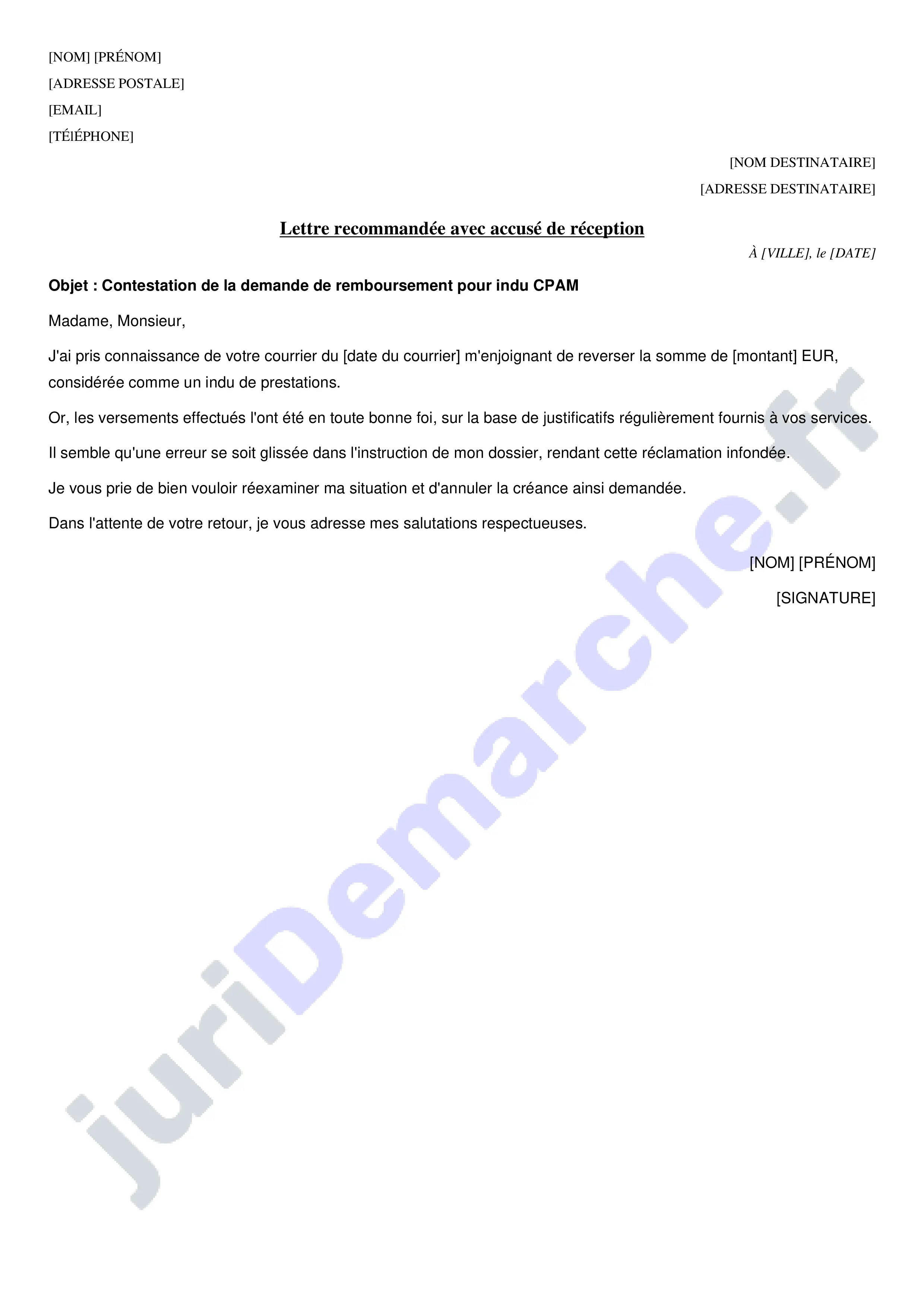 Modèle de lettre de contestation indu CPAM : exemple