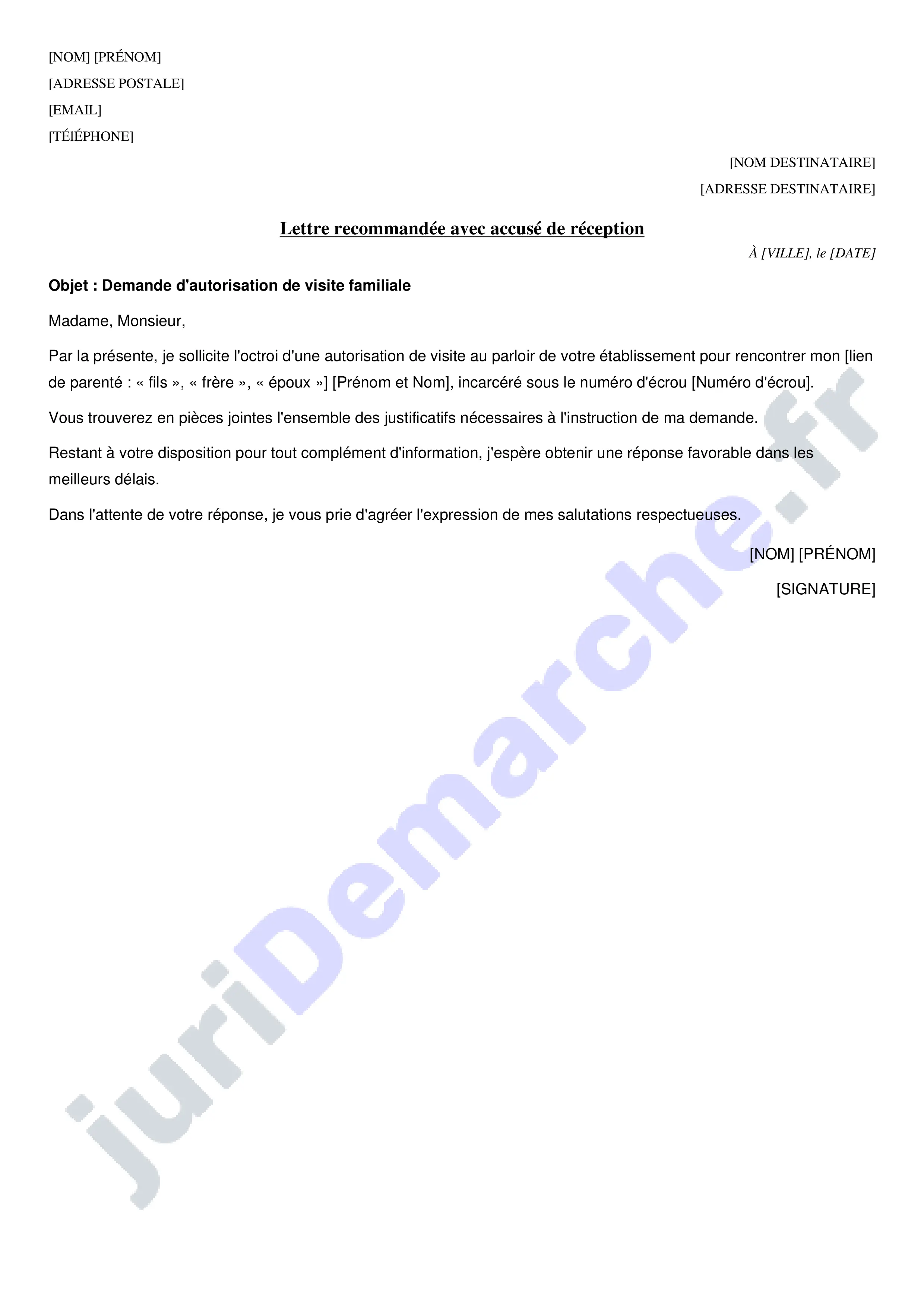 Lettre demande de parloir familiale : modèle et exemple