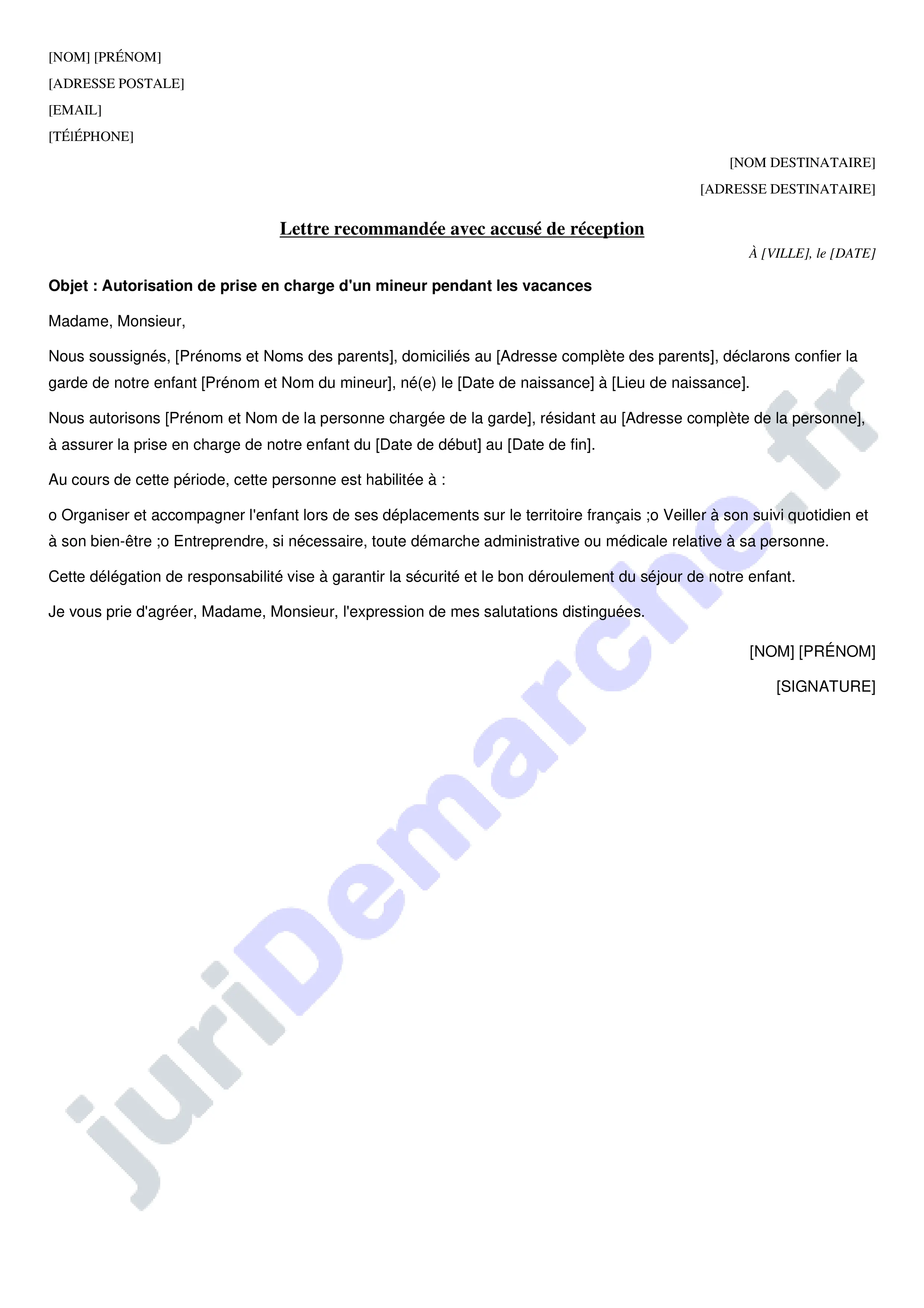 Lettre pour confier un mineur vacances : modèle