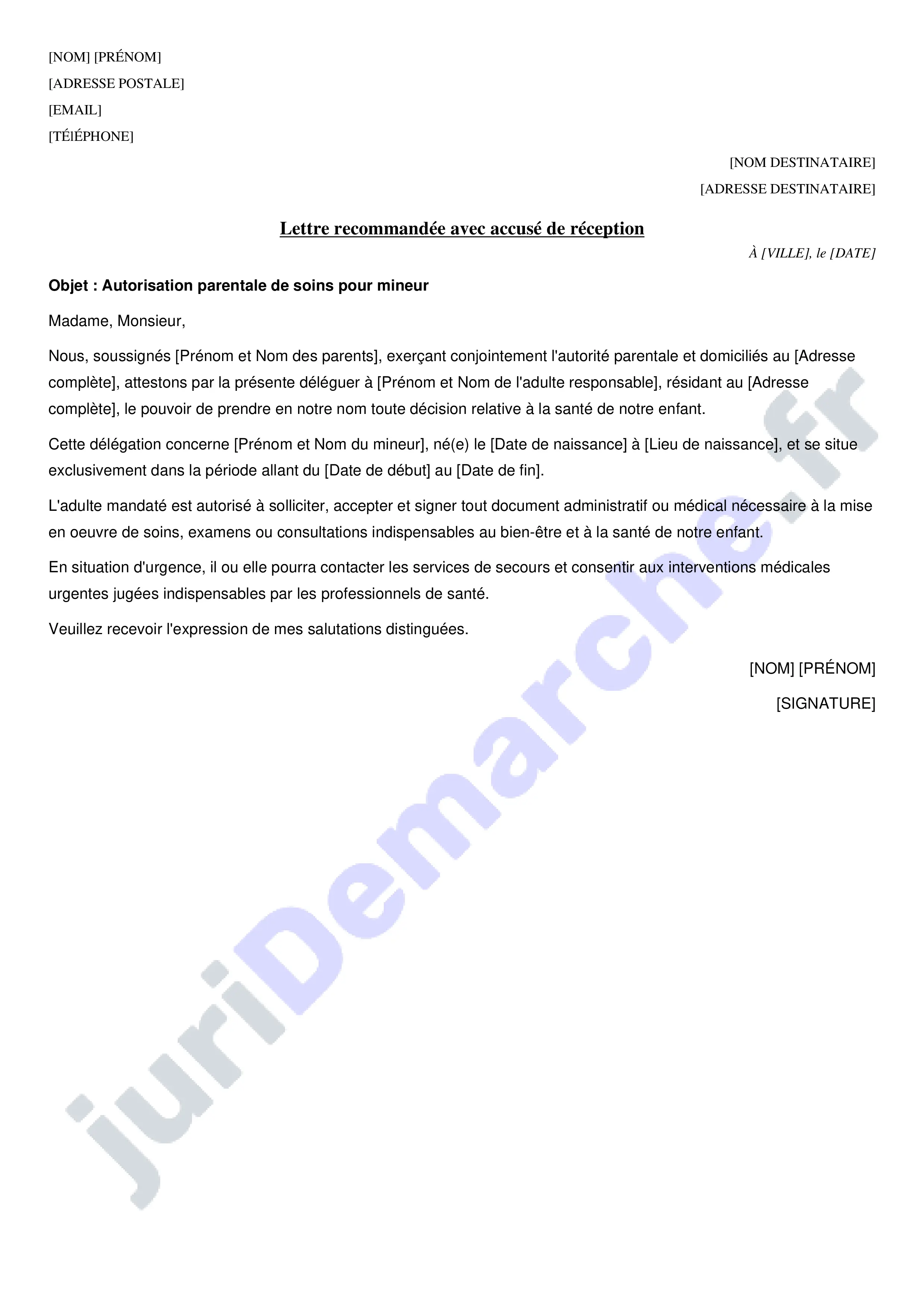 Modèle autorisation parentale de soins sur mineur : exemple