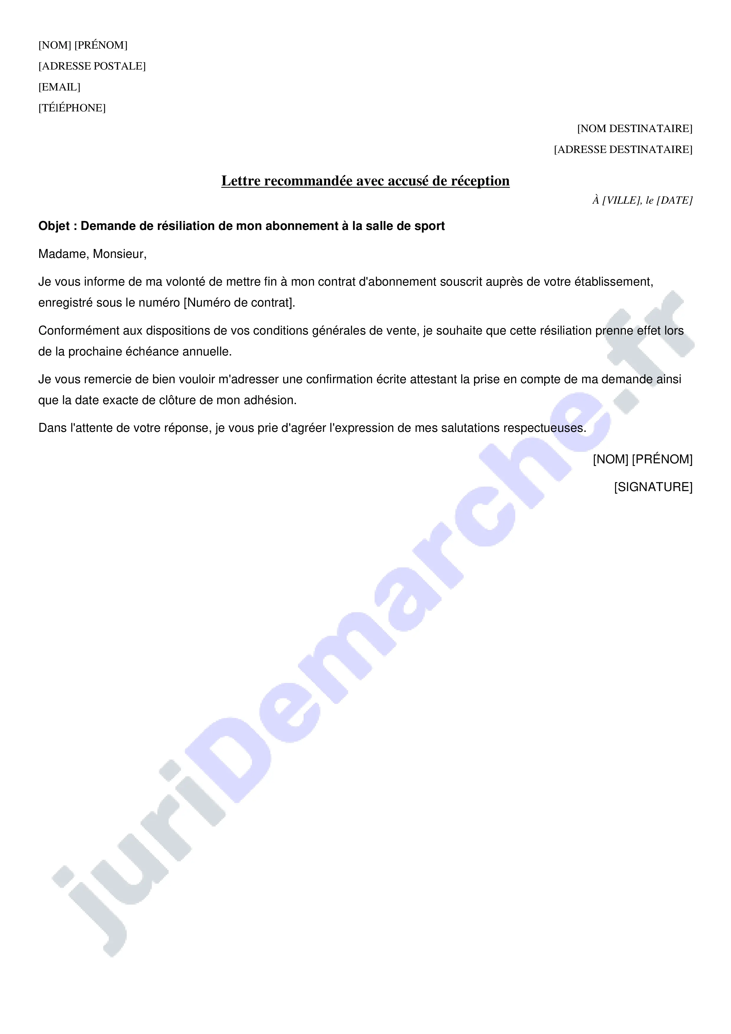 Modèle de lettre de résiliation d'abonnement salle de sport : exemple