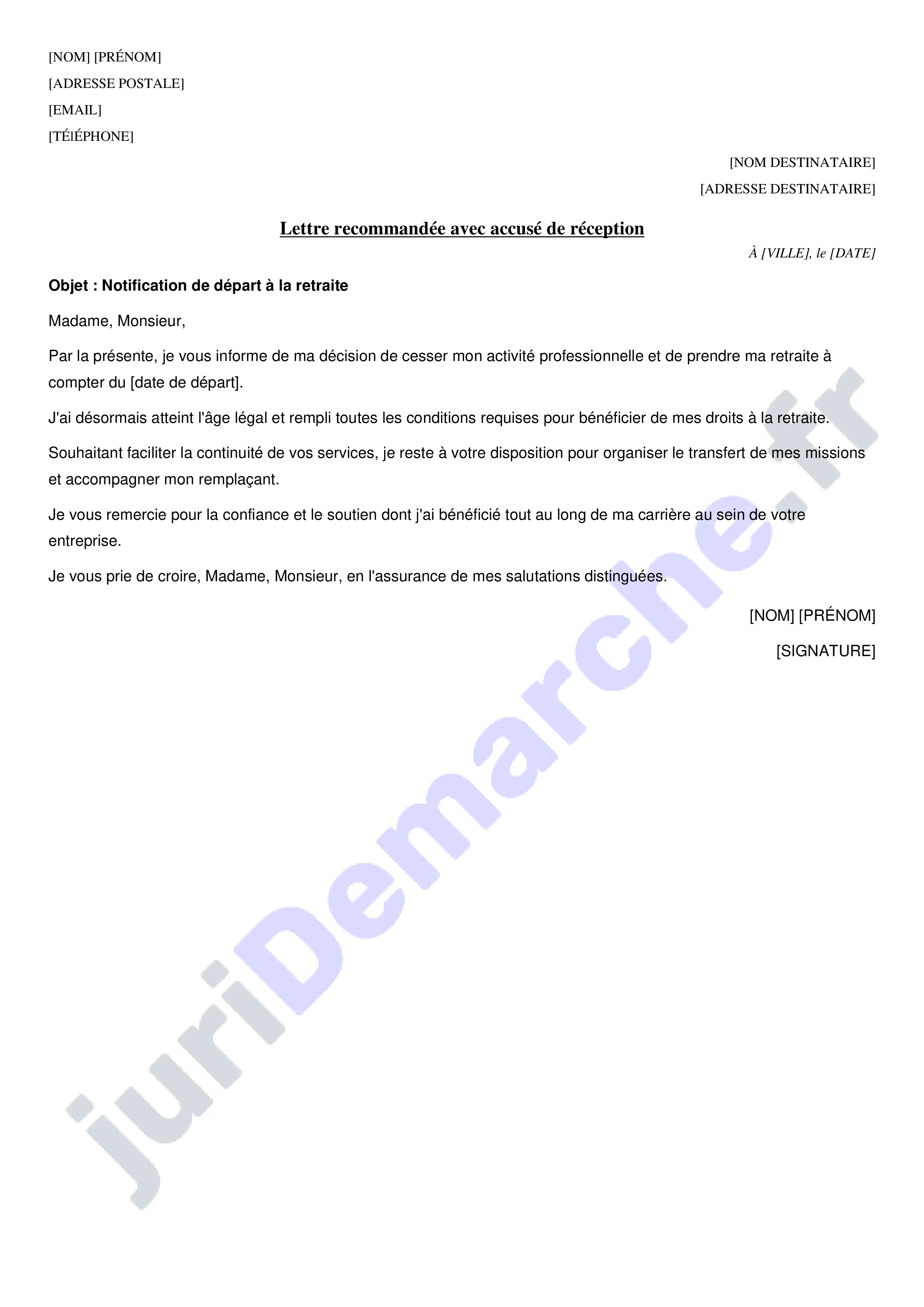 Modèle de lettre pour informer son employeur de son départ en retraite