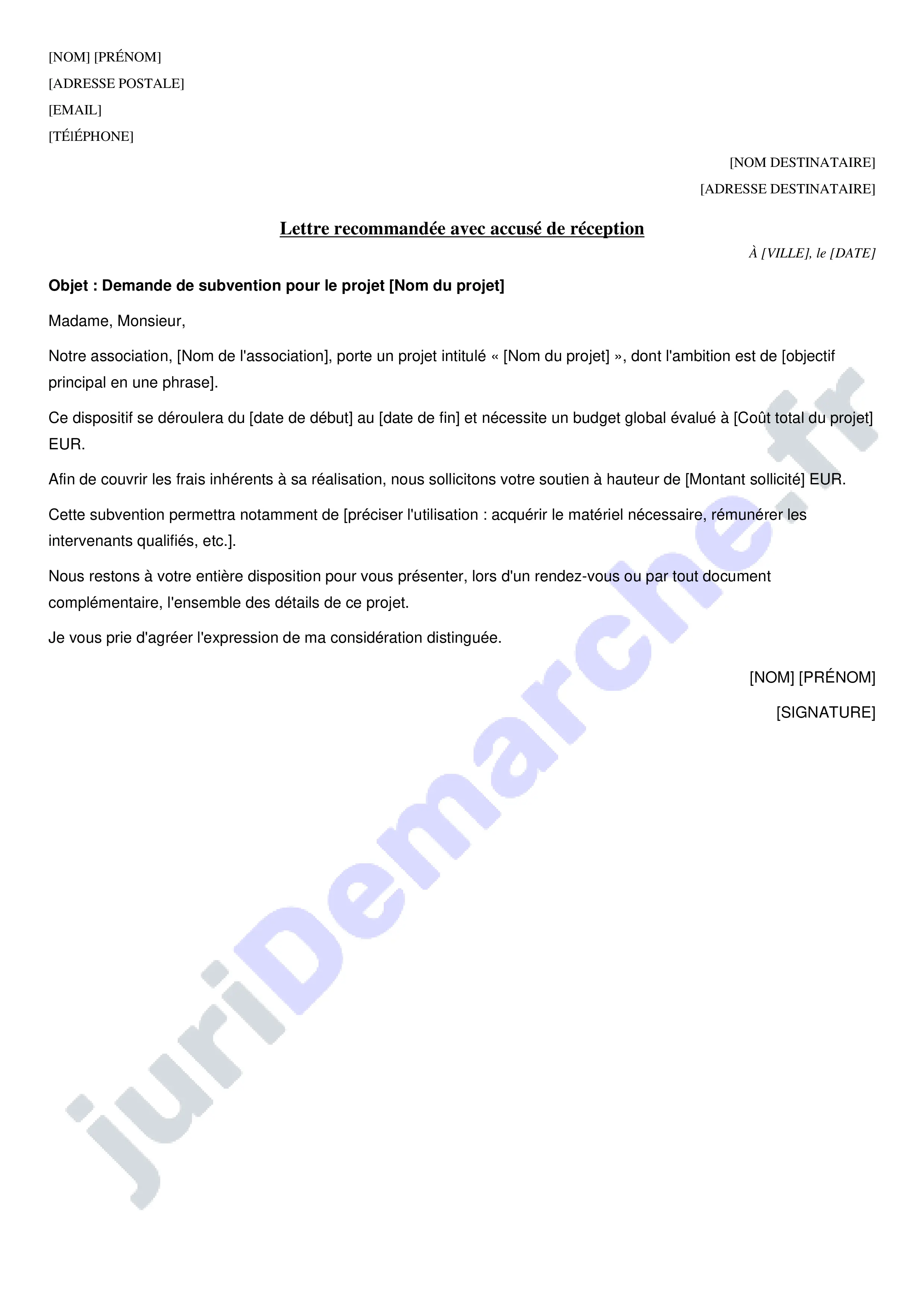 Lettre de demande de subvention pour un projet : exemple