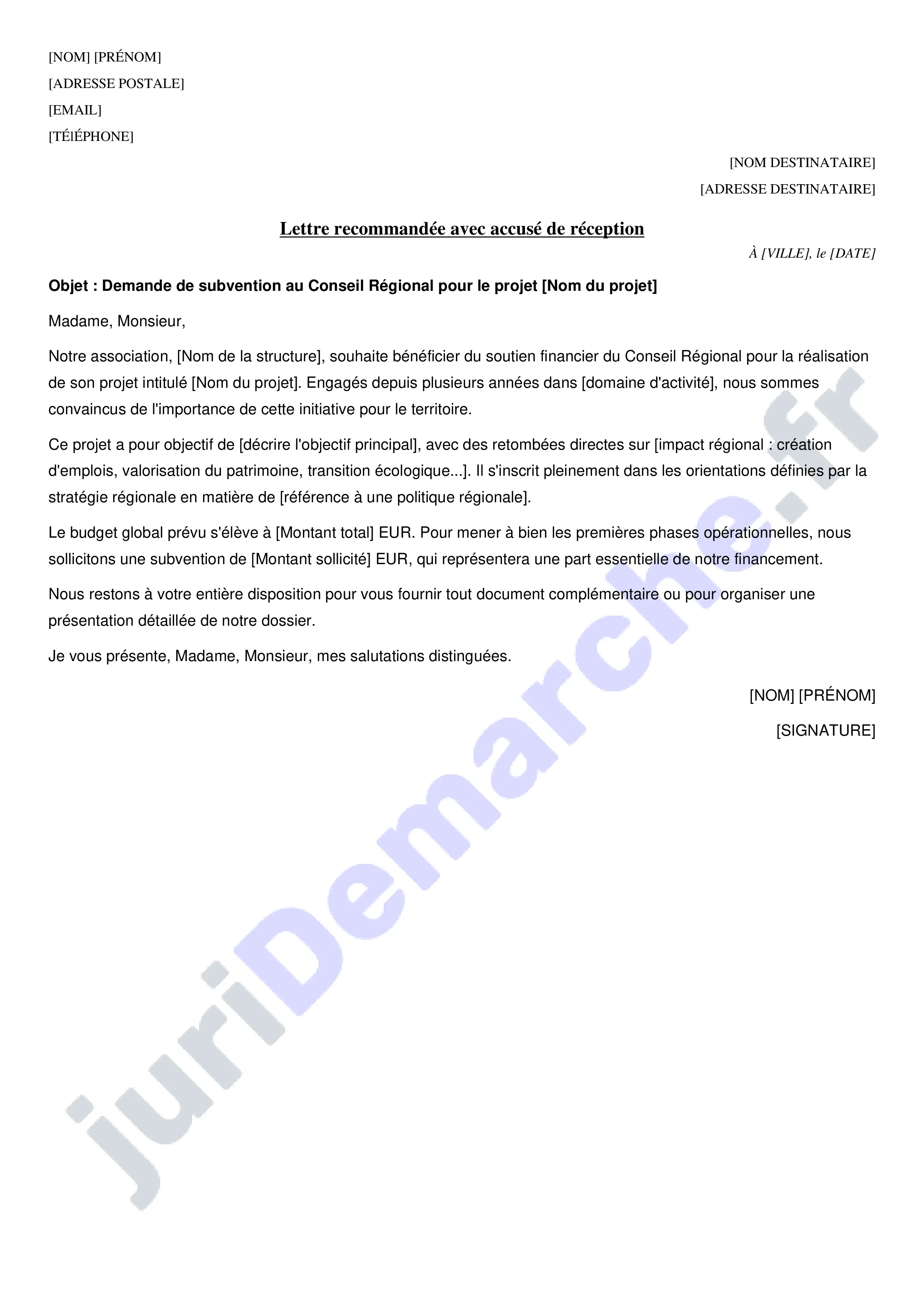Lettre de demande de subvention conseil régional : modèle