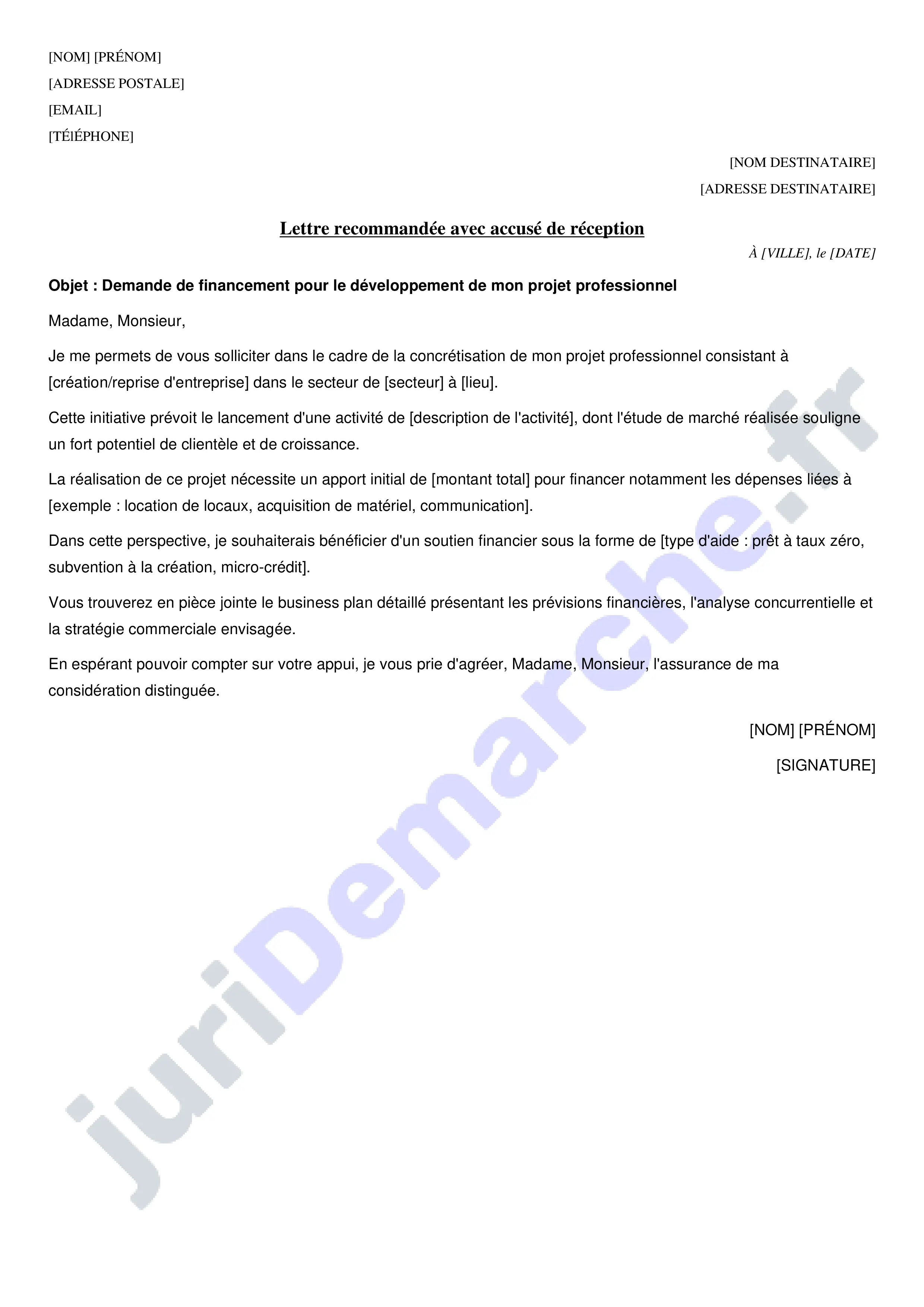 Demande de financement projet professionnel : exemple de lettre