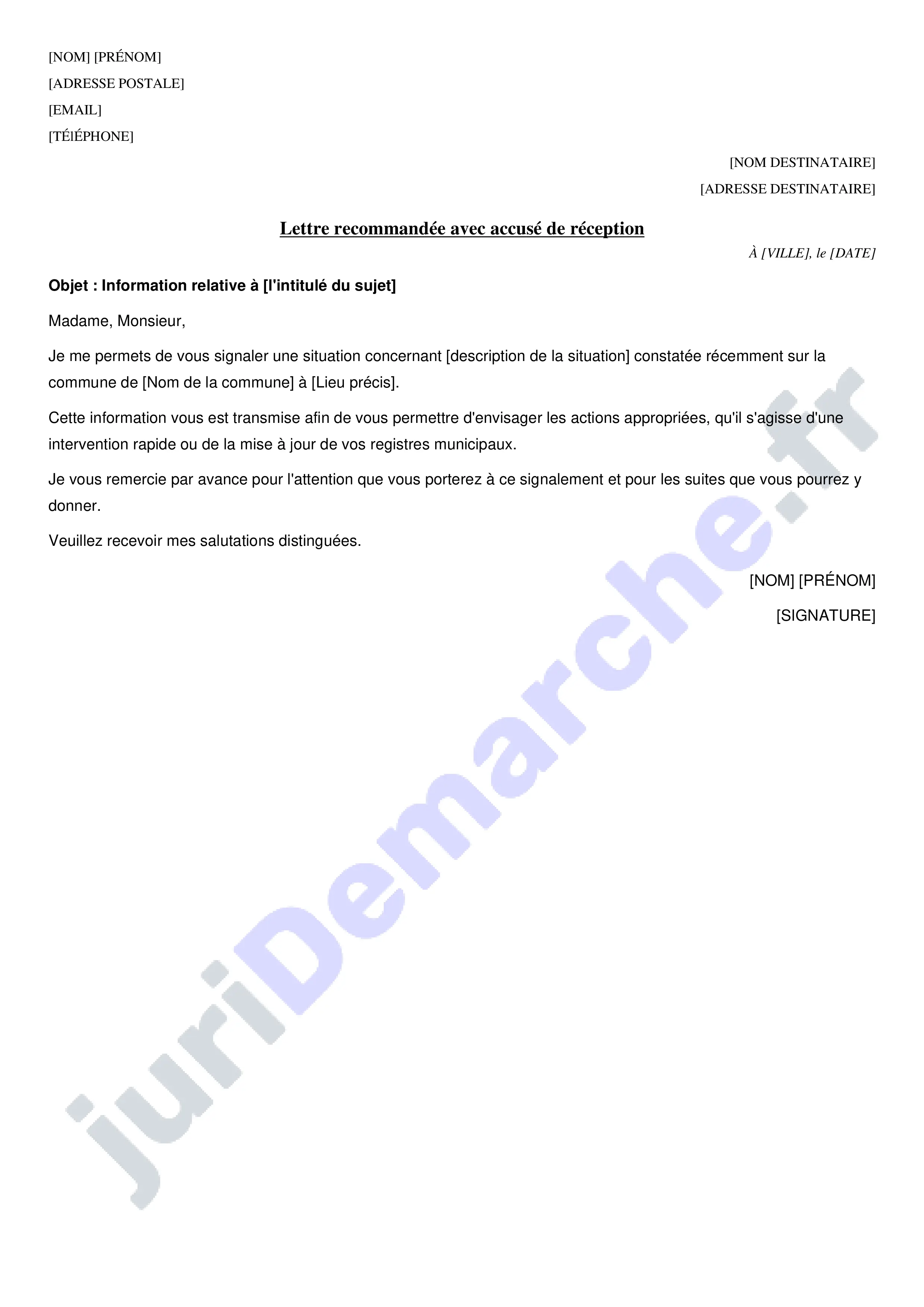 Modèle de lettre pour informer la mairie : exemple