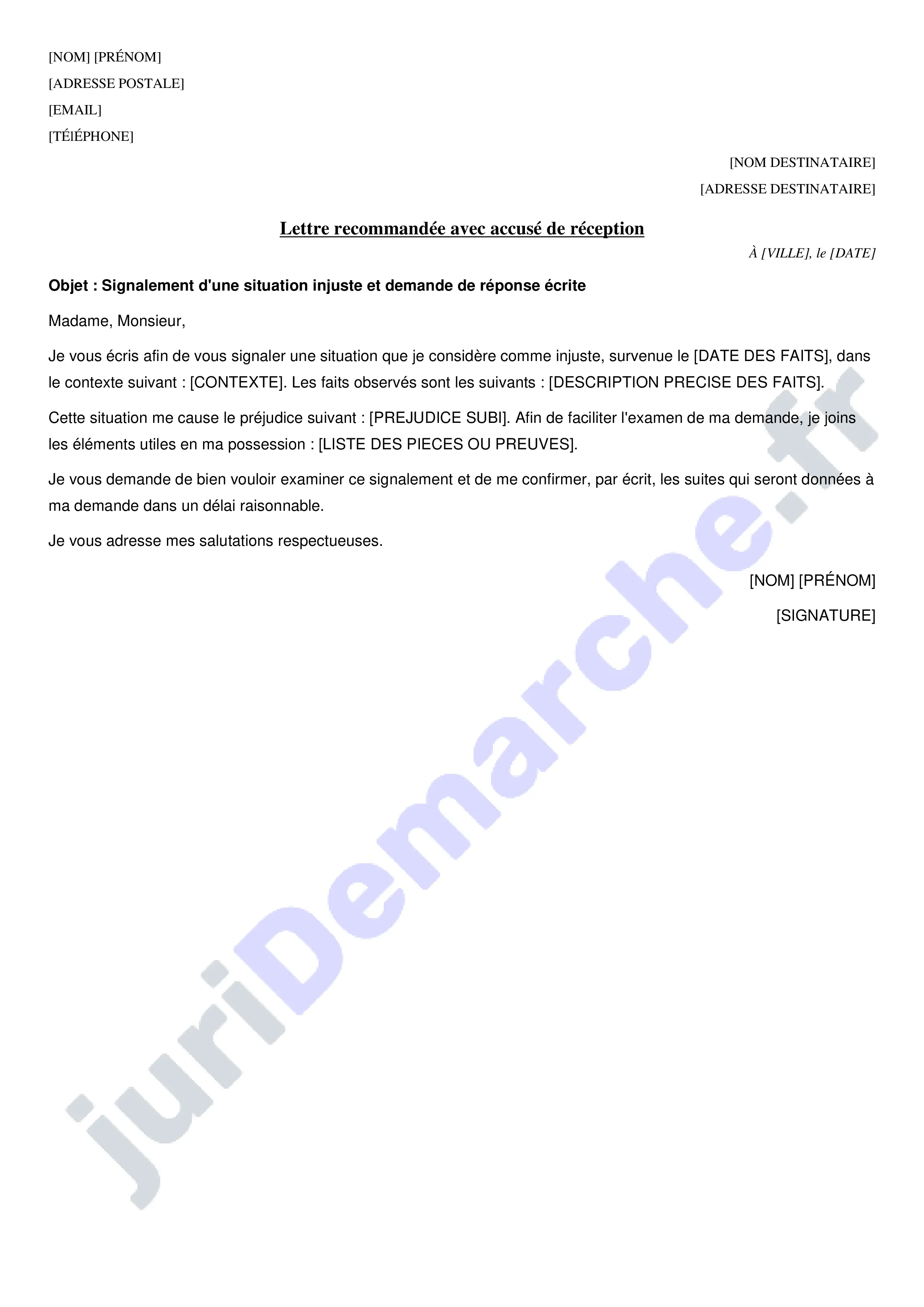 Modèle de lettre pour dénoncer une injustice