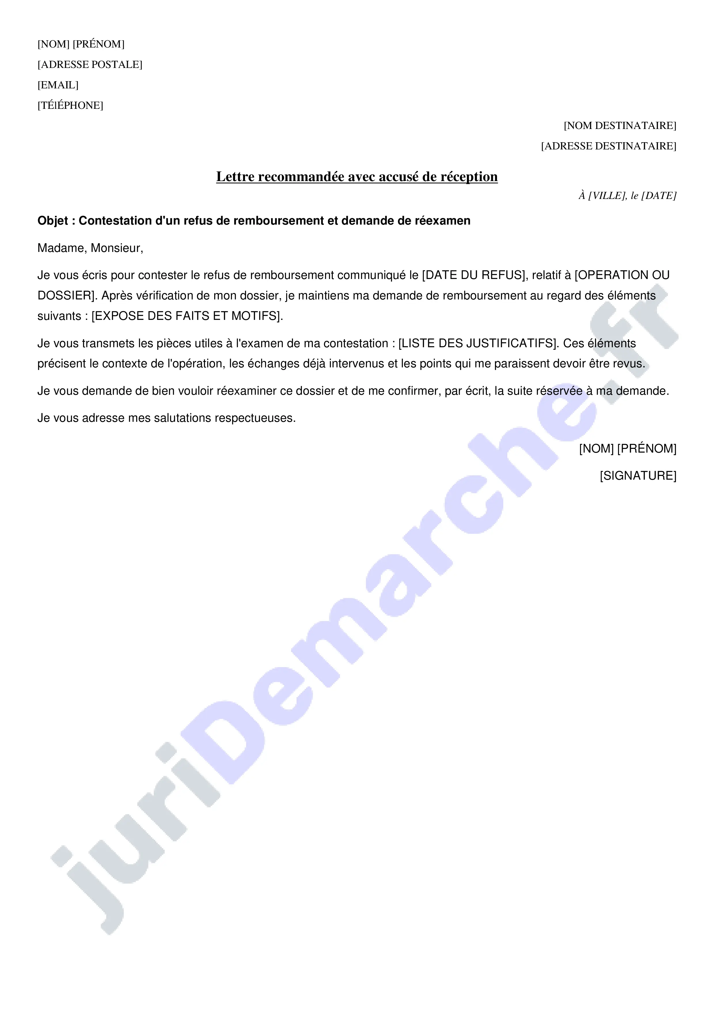 Lettre de contestation de refus de remboursement banque : modèle de courrier