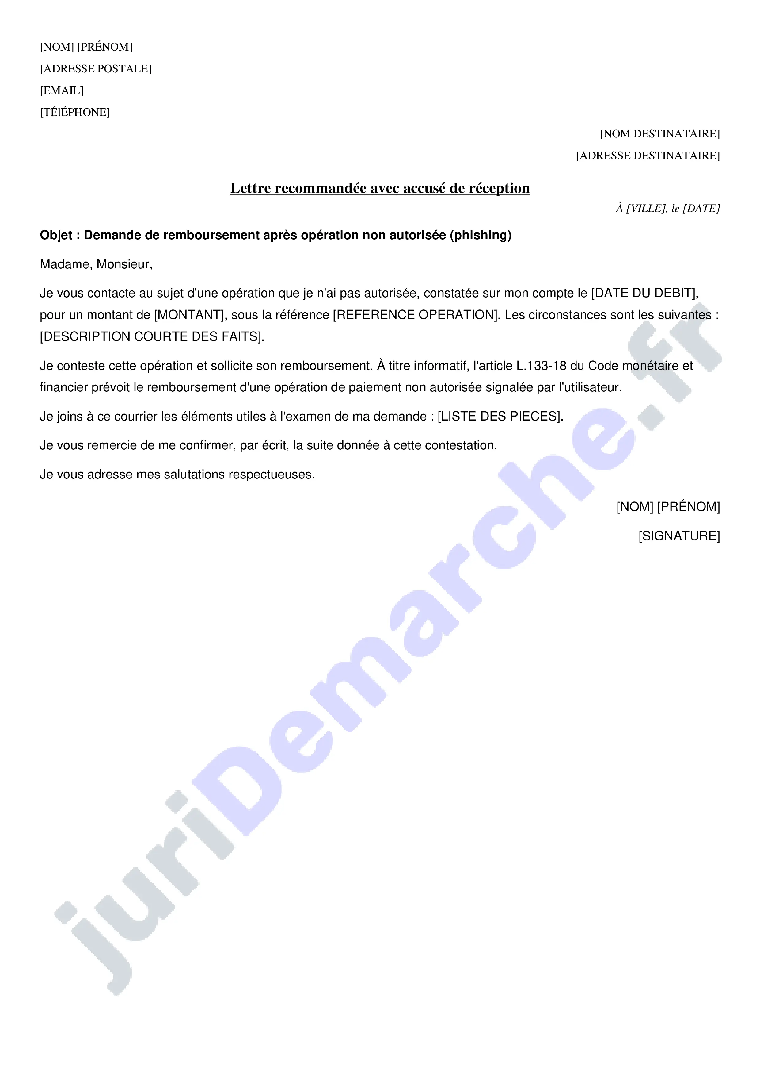 Lettre remboursement phishing : modèle de courrier