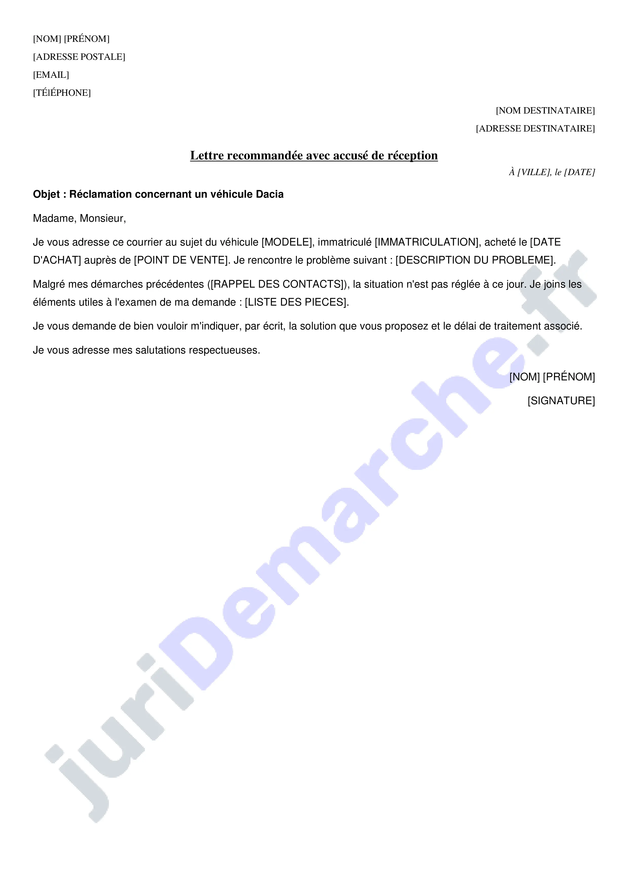 Lettre de réclamation Dacia