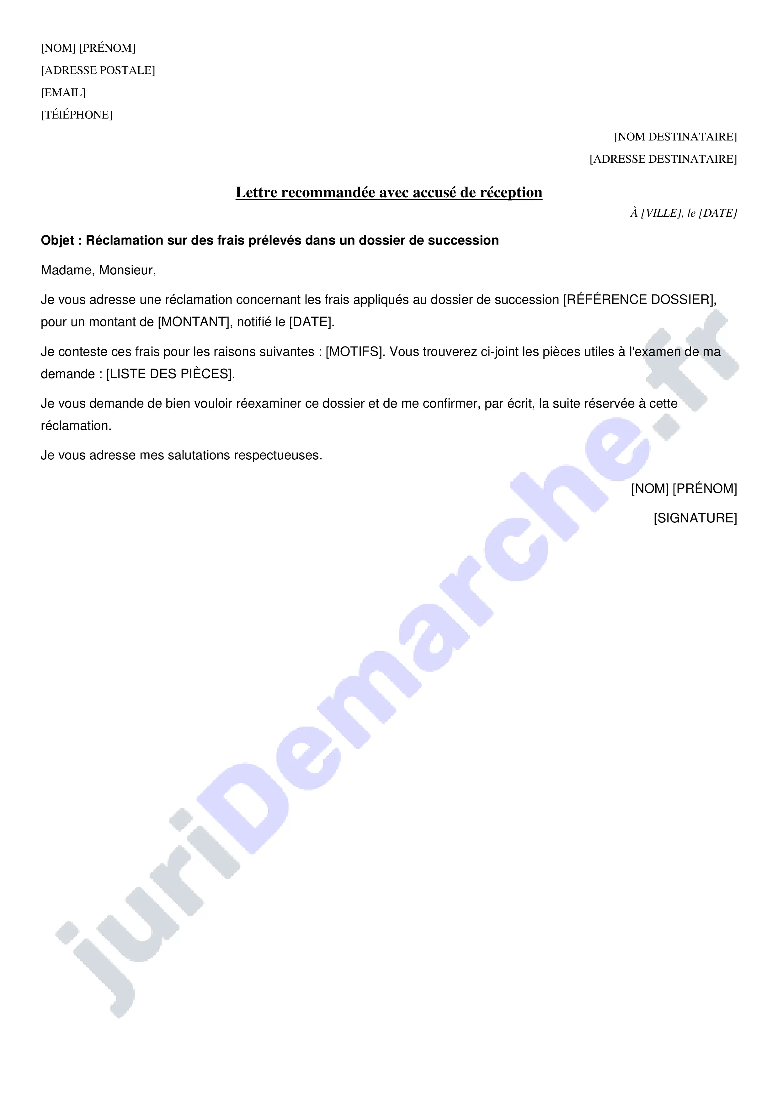 Réclamation frais de succession banque : modèle de courrier