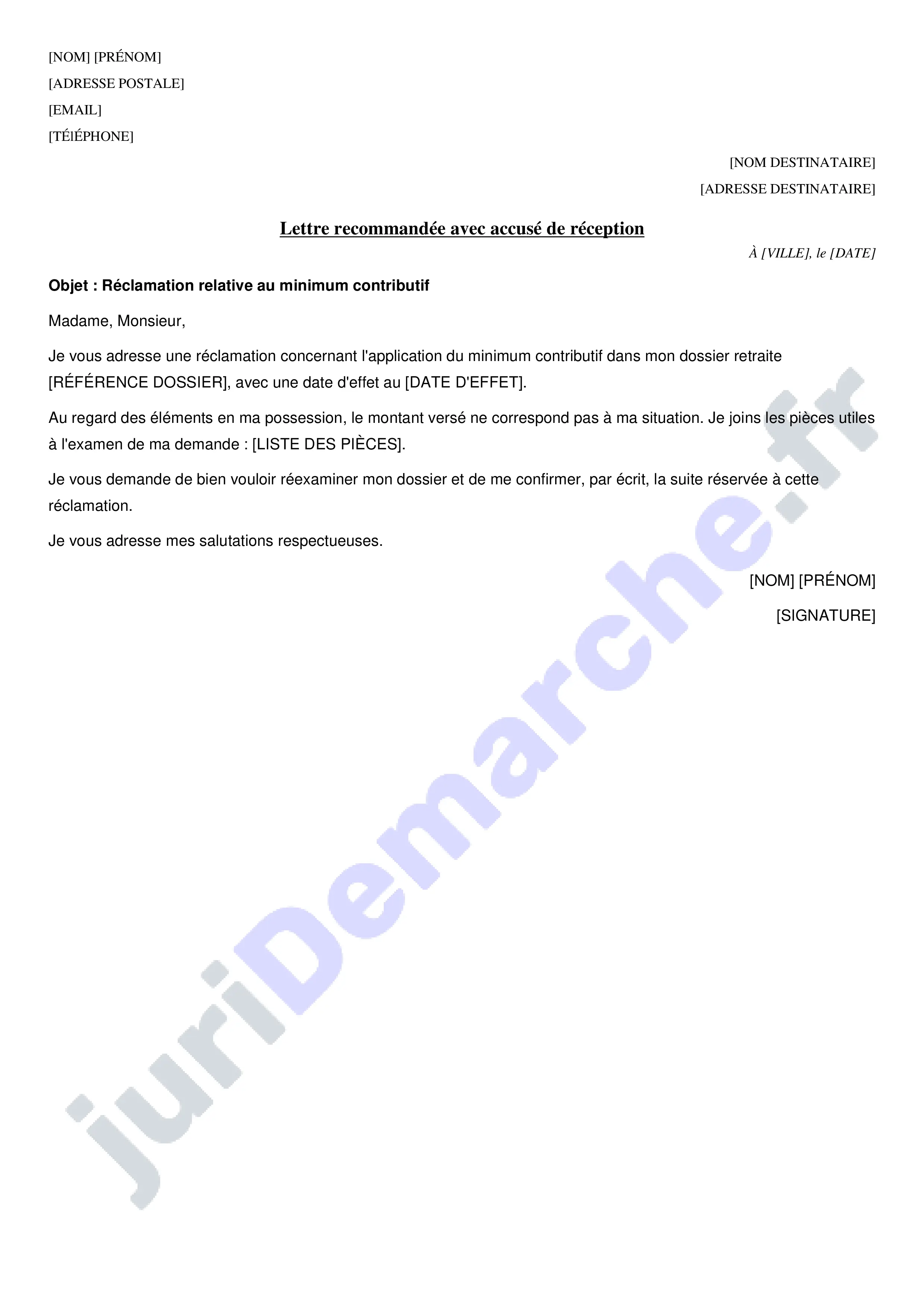 Réclamation minimum contributif : modèle de courrier