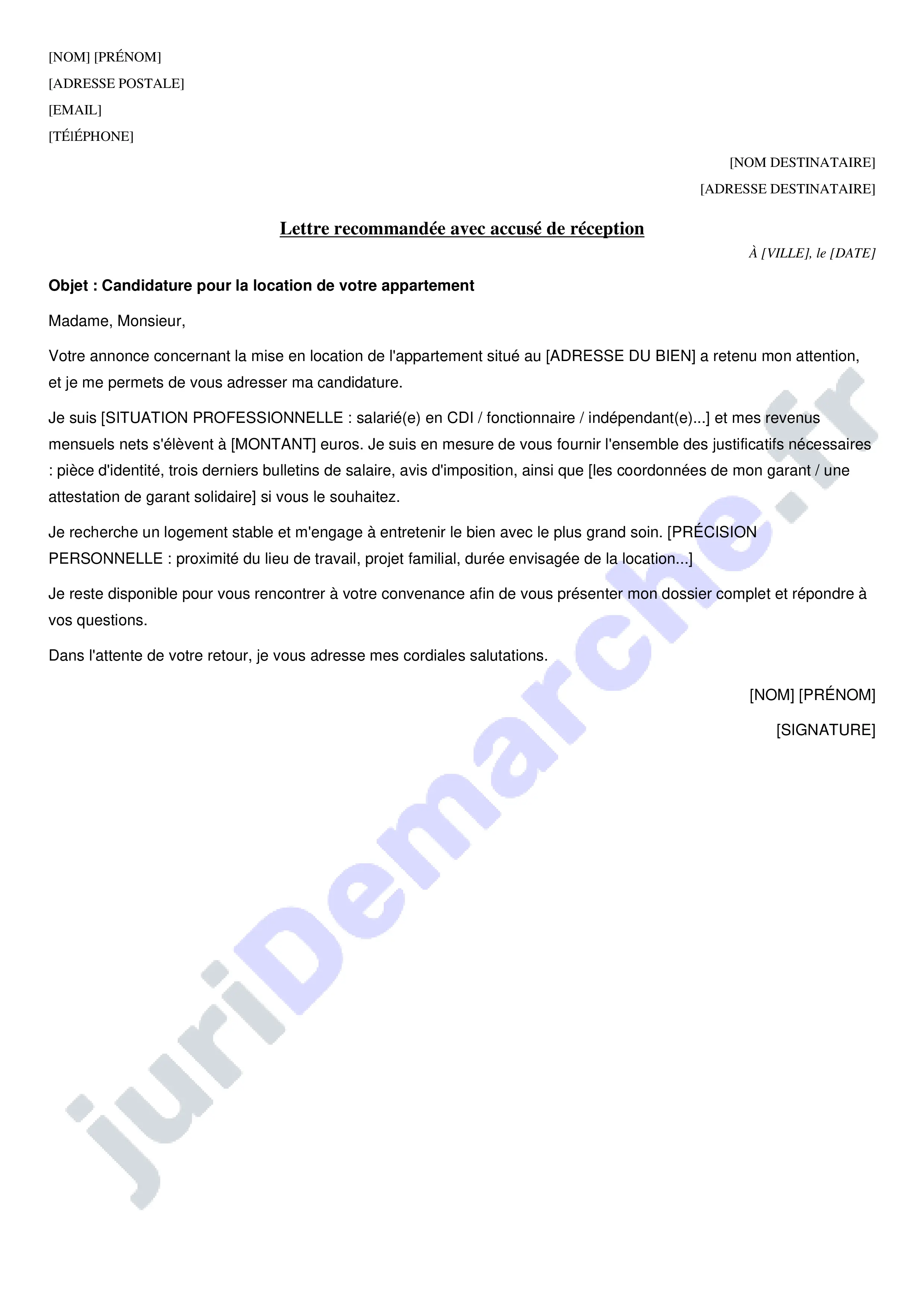 Modèle lettre demande de location appartement : exemple