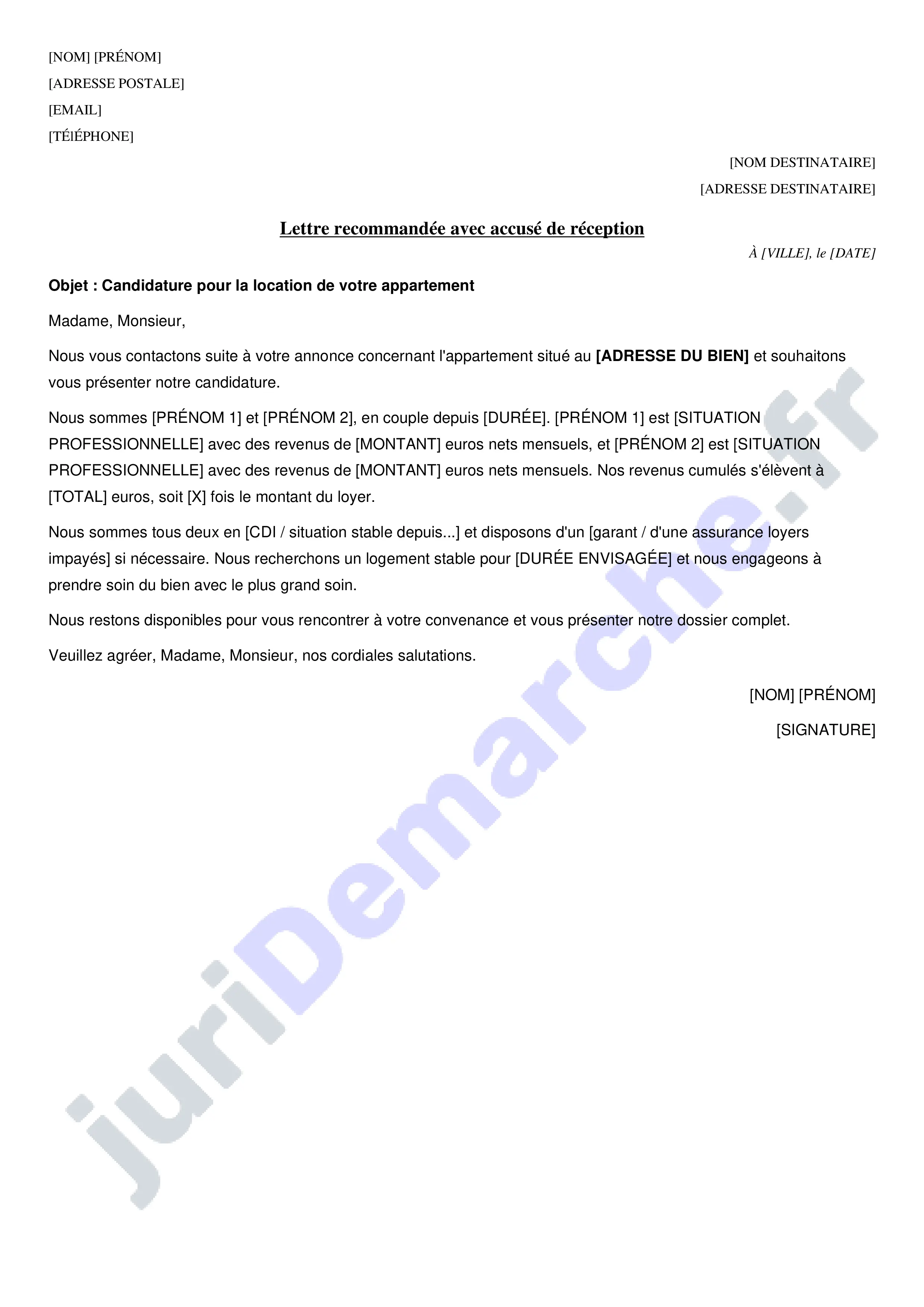 Lettre de motivation appartement couple : modèle de courrier