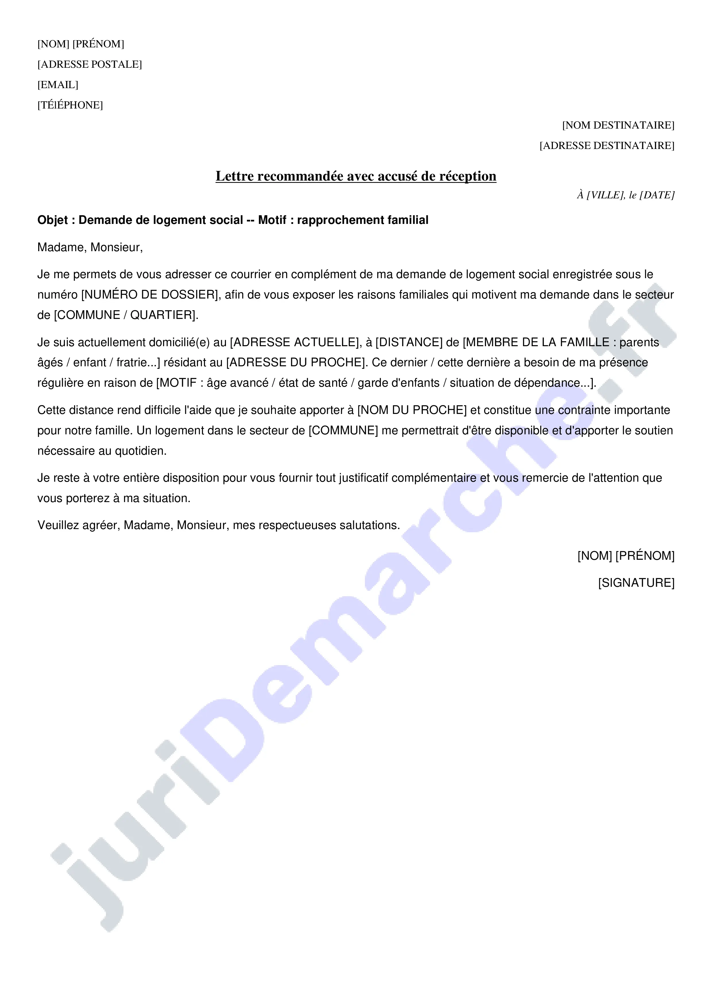Lettre demande logement social rapprochement familial : modèle