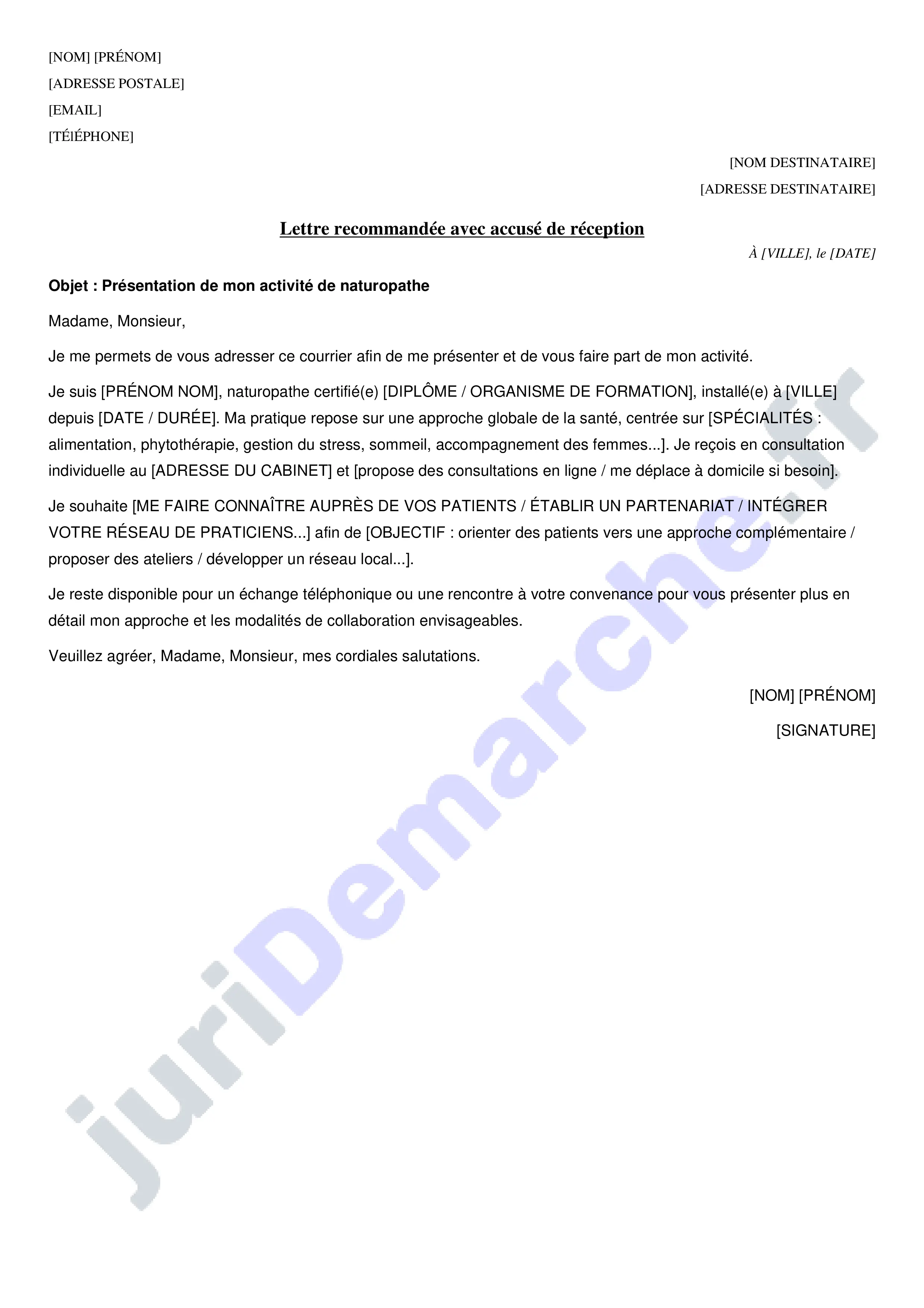 Lettre pour se faire connaître en tant que naturopathe : modèle