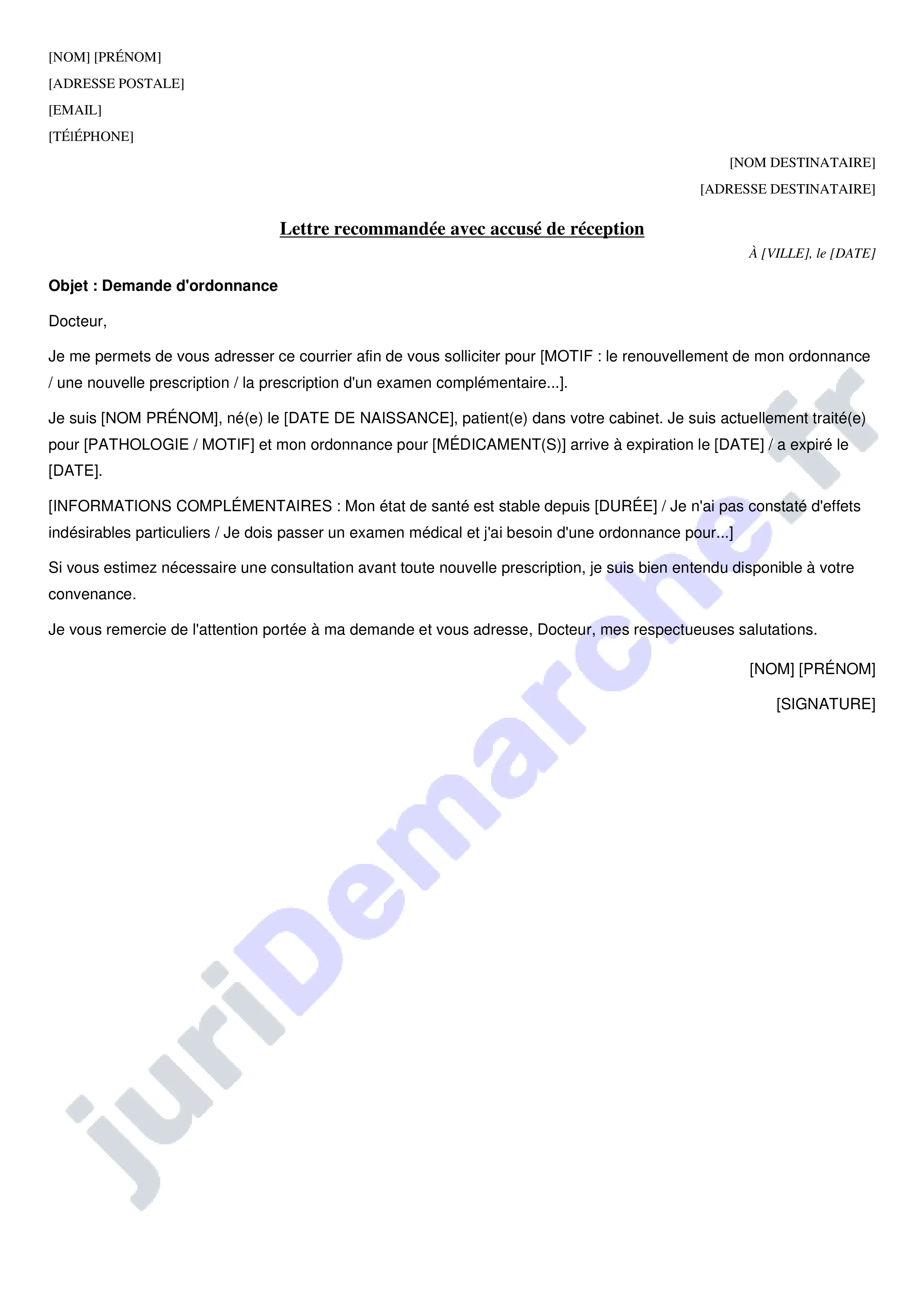 Lettre à un médecin pour demander une ordonnance : modèle
