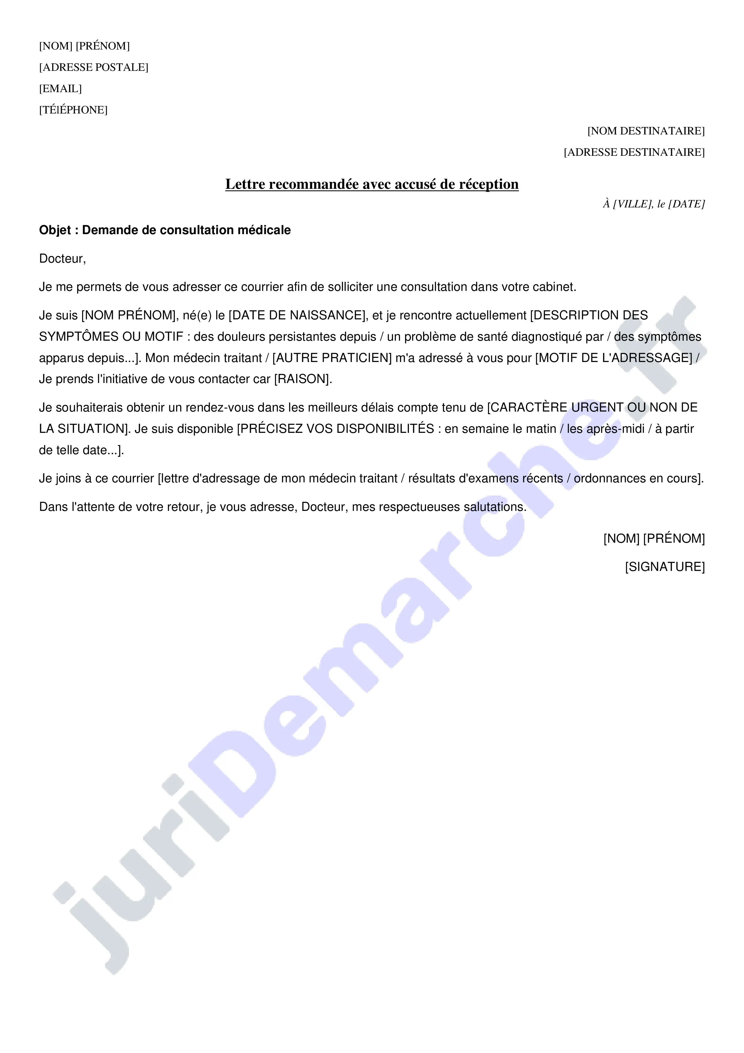 Modèle lettre demande de consultation médecin : exemple
