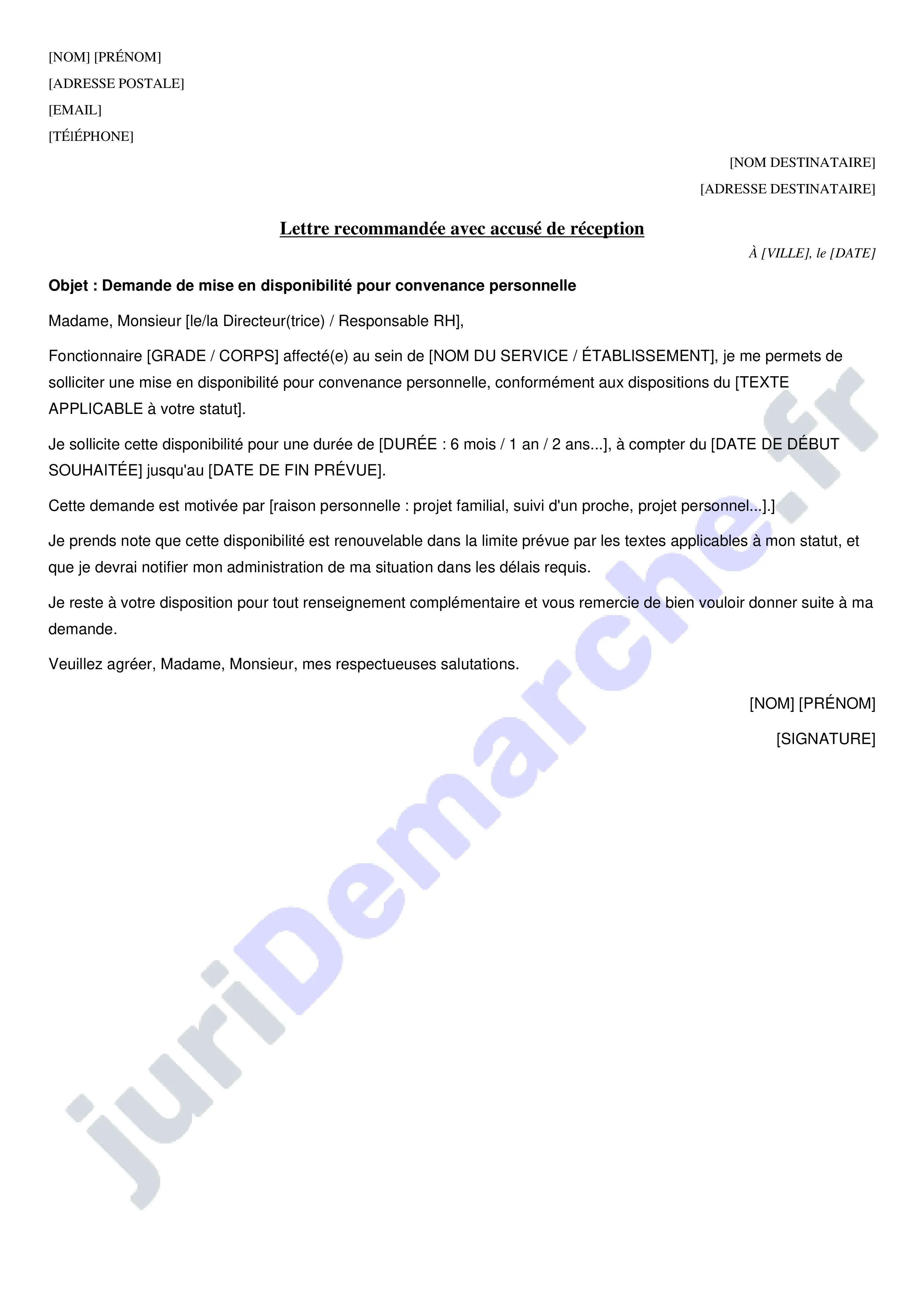 Lettre demande de disponibilité pour convenance personnelle : modèle