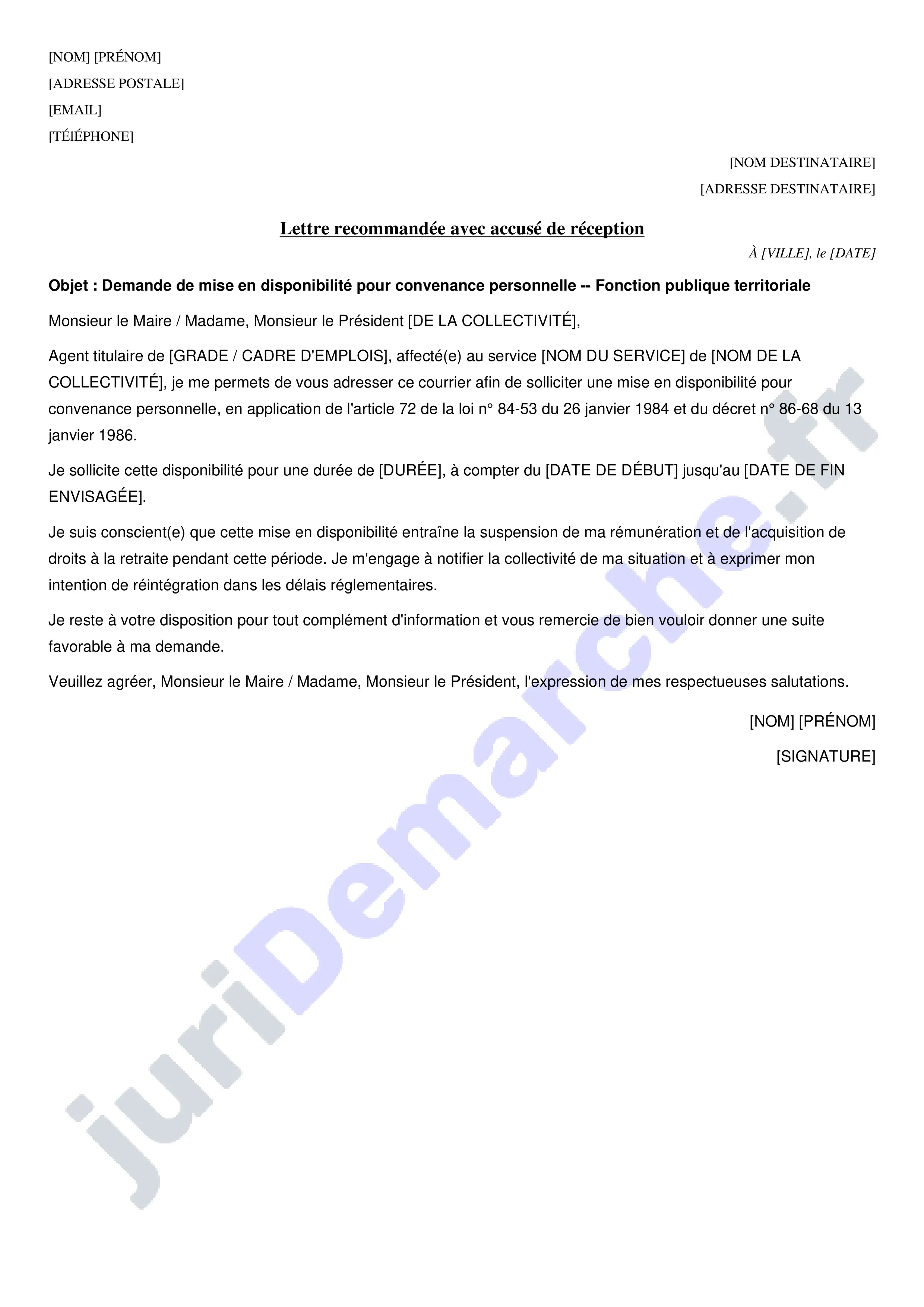 Disponibilité convenance personnelle fonction publique territoriale : modèle