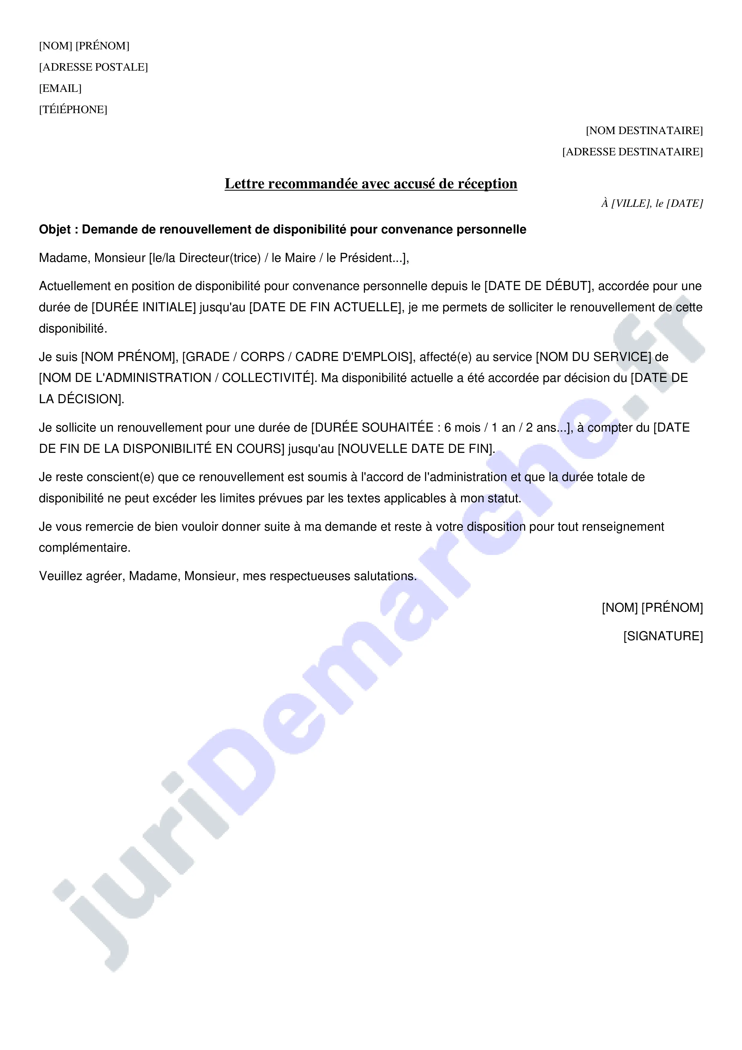 Modèle lettre renouvellement disponibilité fonction publique : exemple