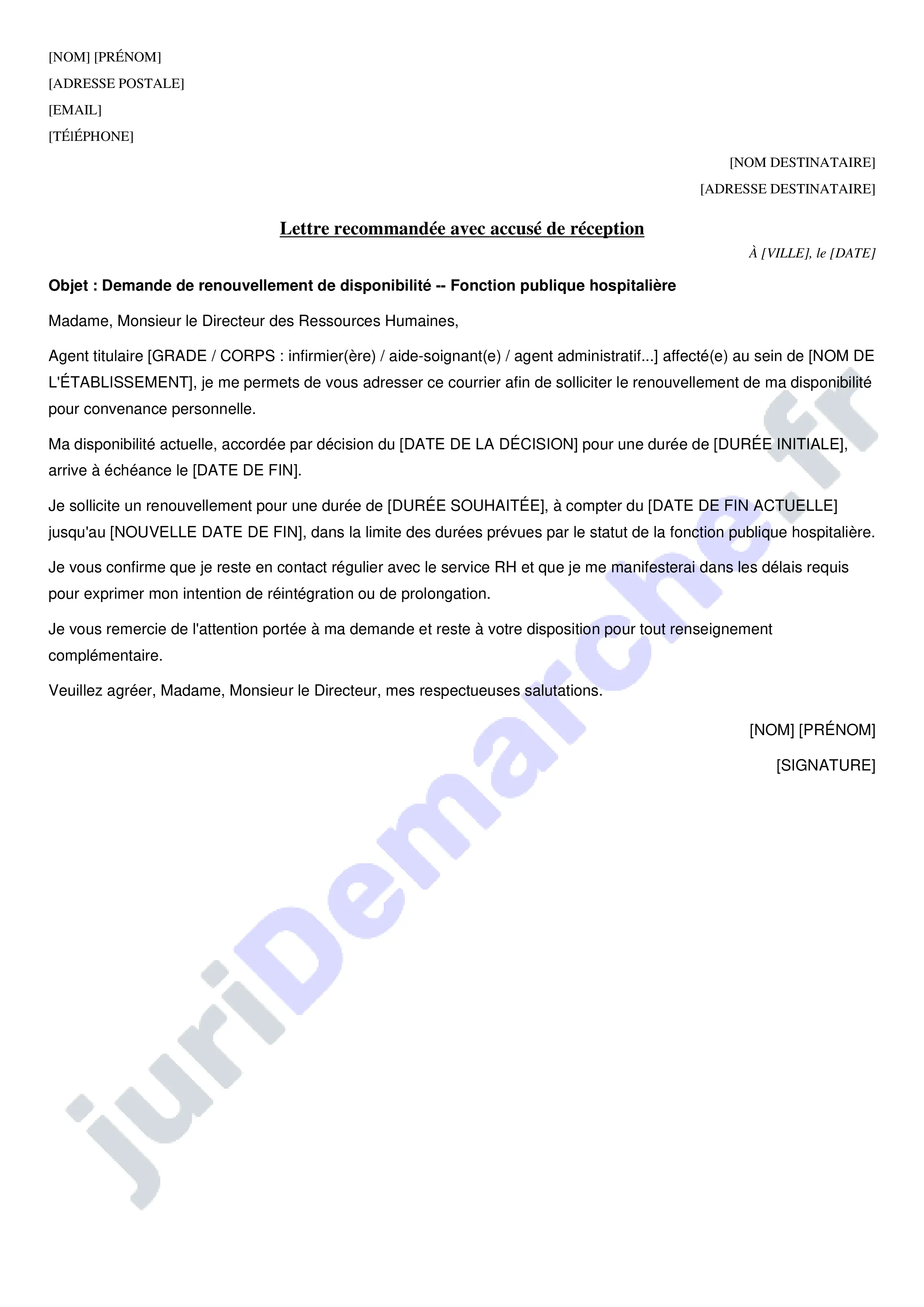 Lettre renouvellement disponibilité hôpital : modèle de courrier