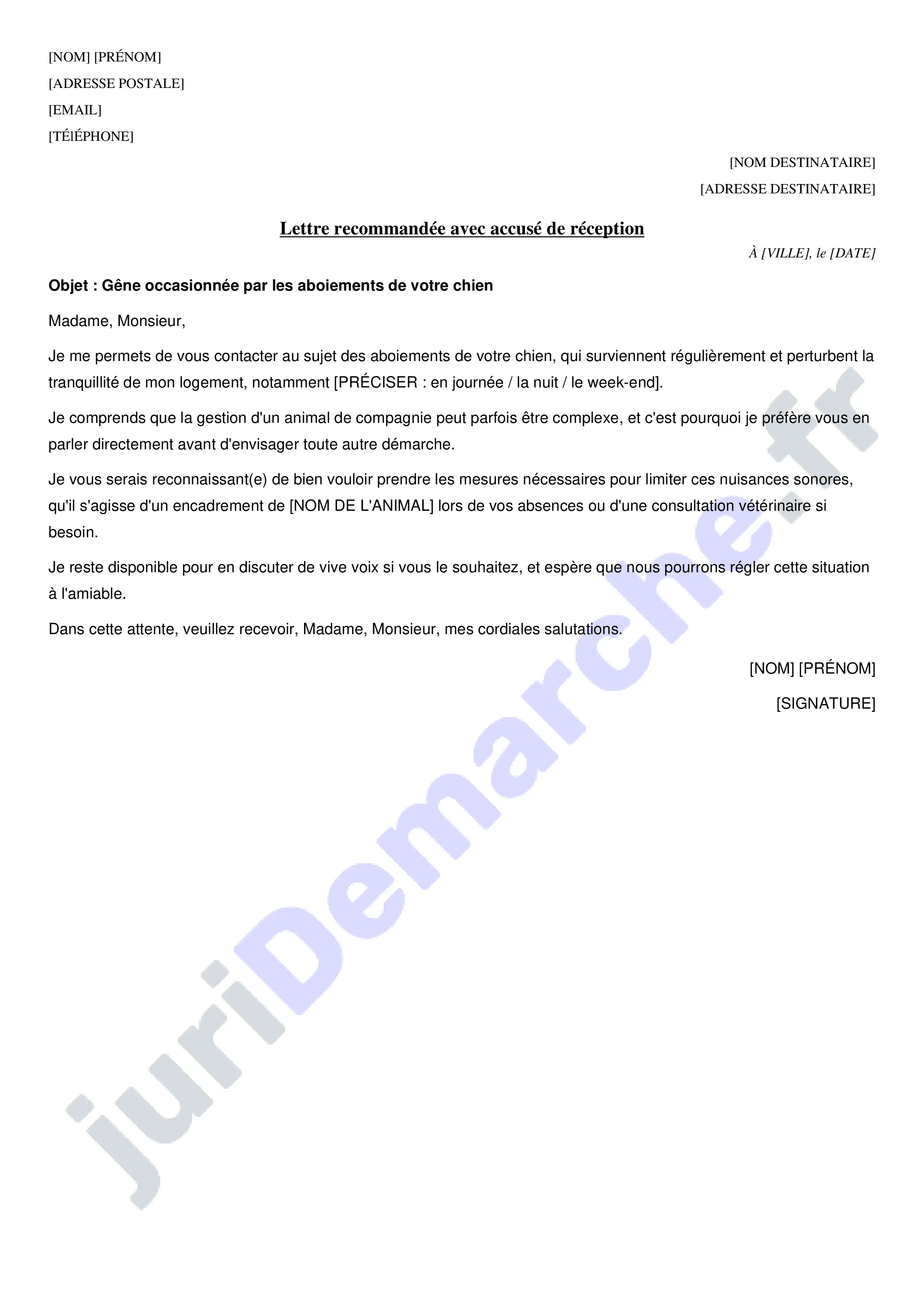 Aboiement chien voisin : modèle de lettre amiable