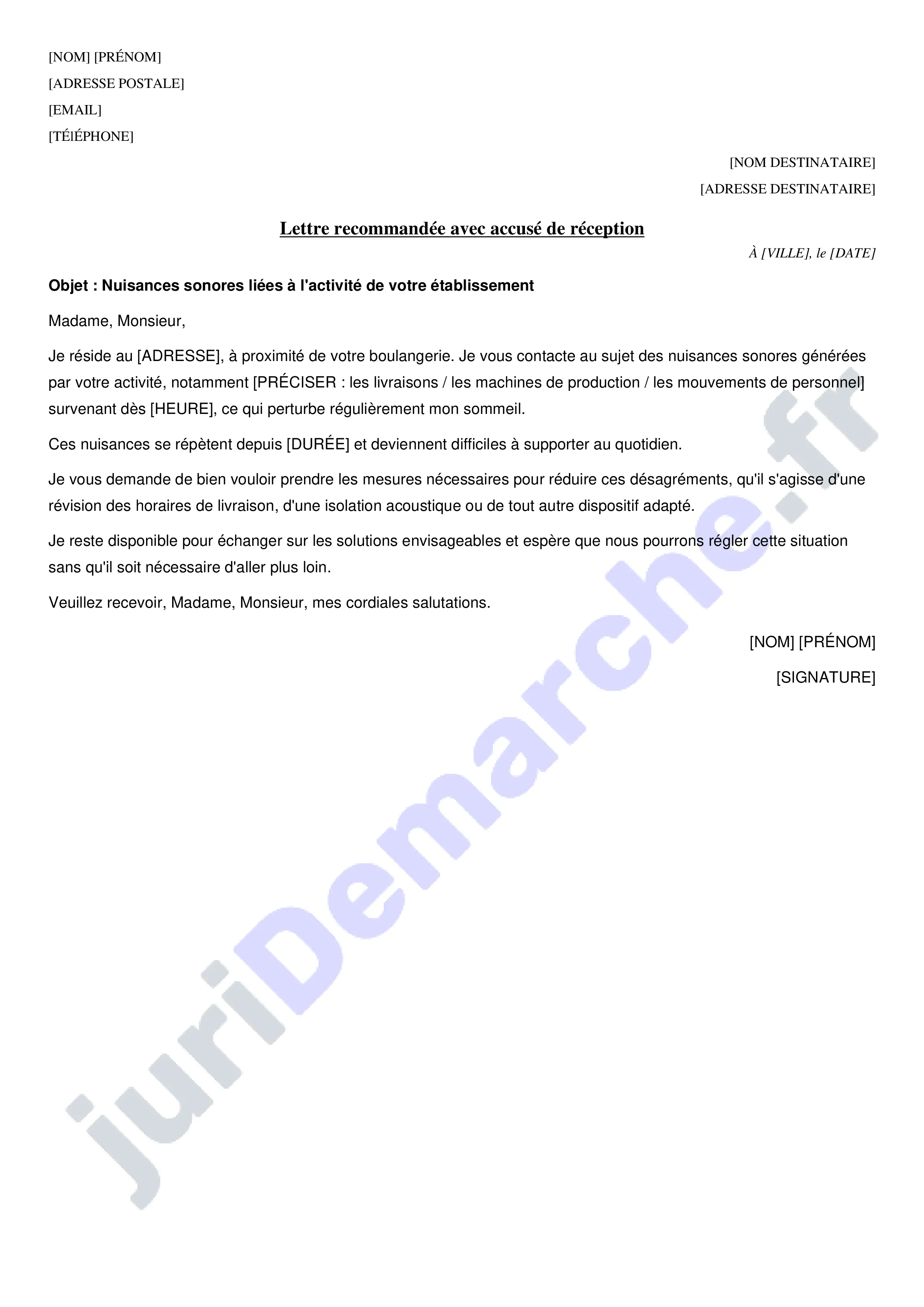 Lettre nuisance sonore boulangerie : modèle de courrier