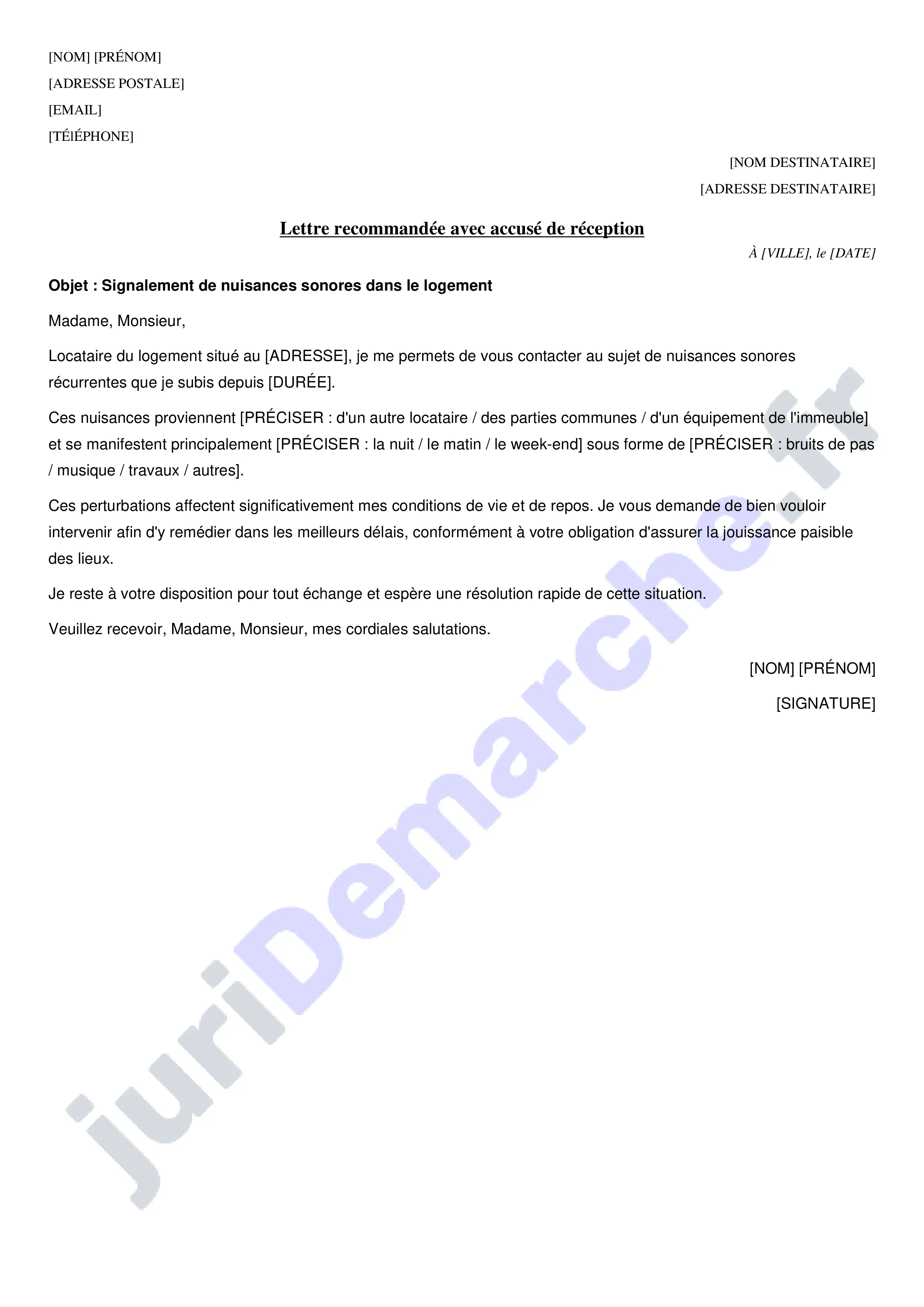 Nuisance sonore propriétaire : modèle de lettre locataire