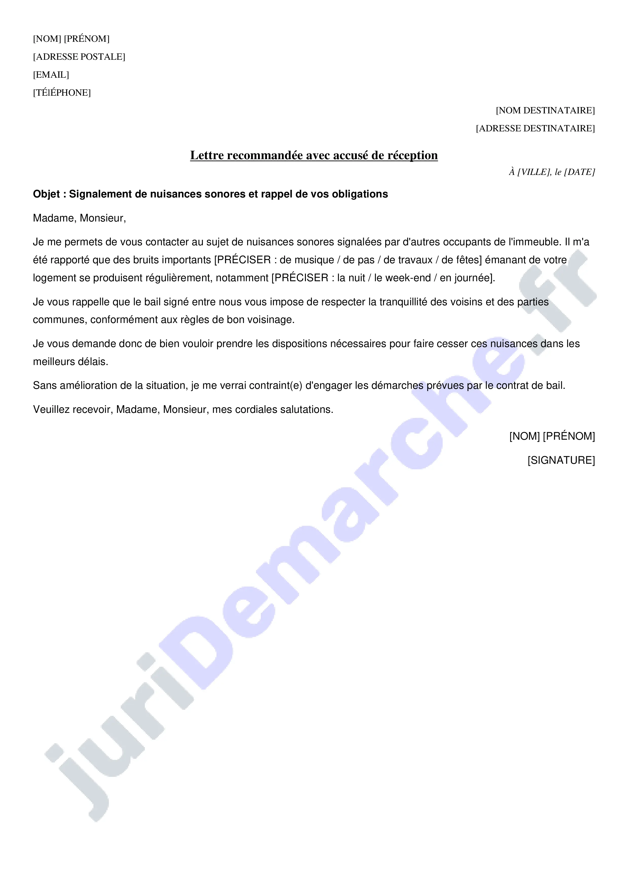 Lettre type nuisance sonore locataire : modèle pour propriétaire