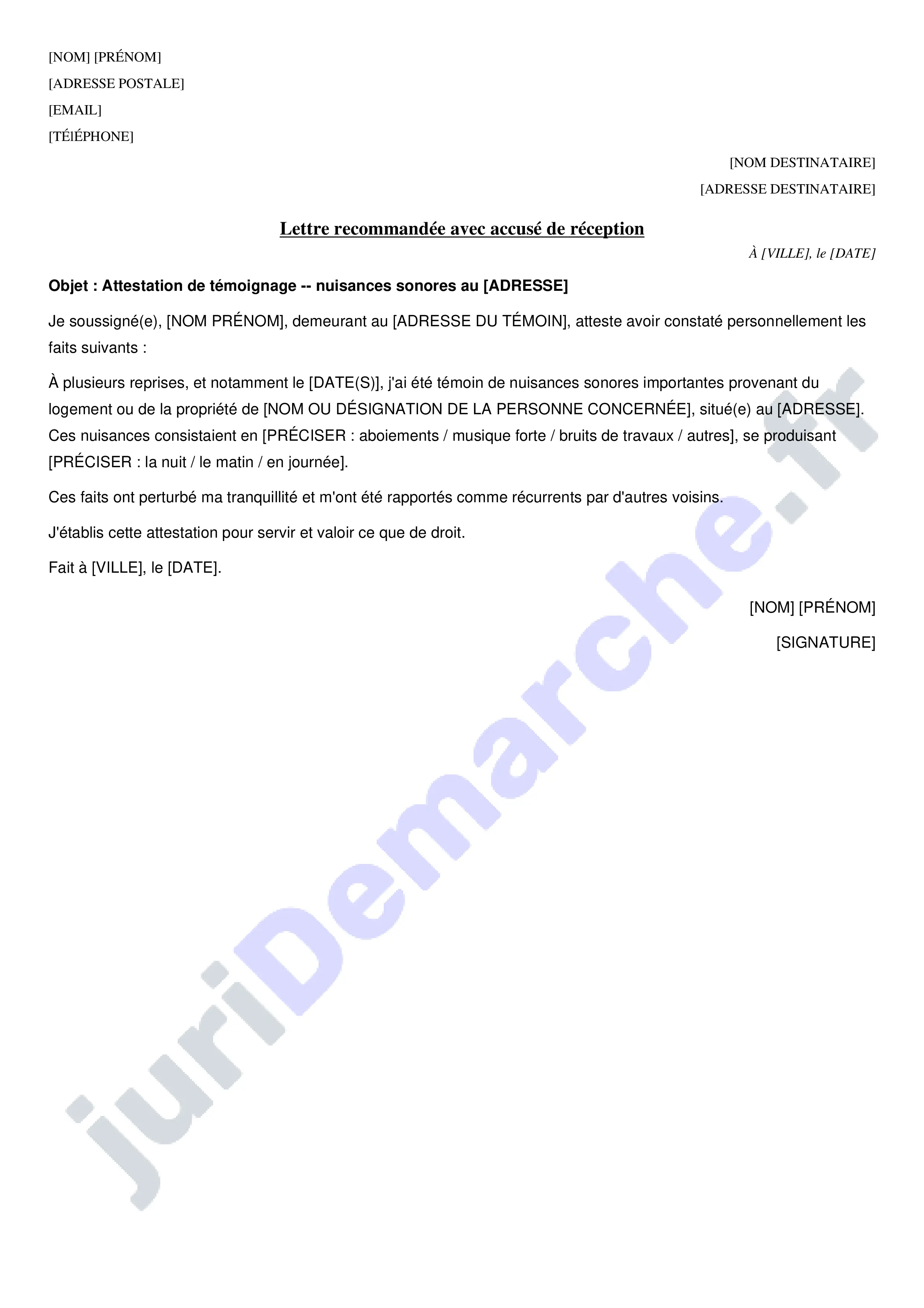 Lettre de témoignage nuisance sonore : modèle de courrier