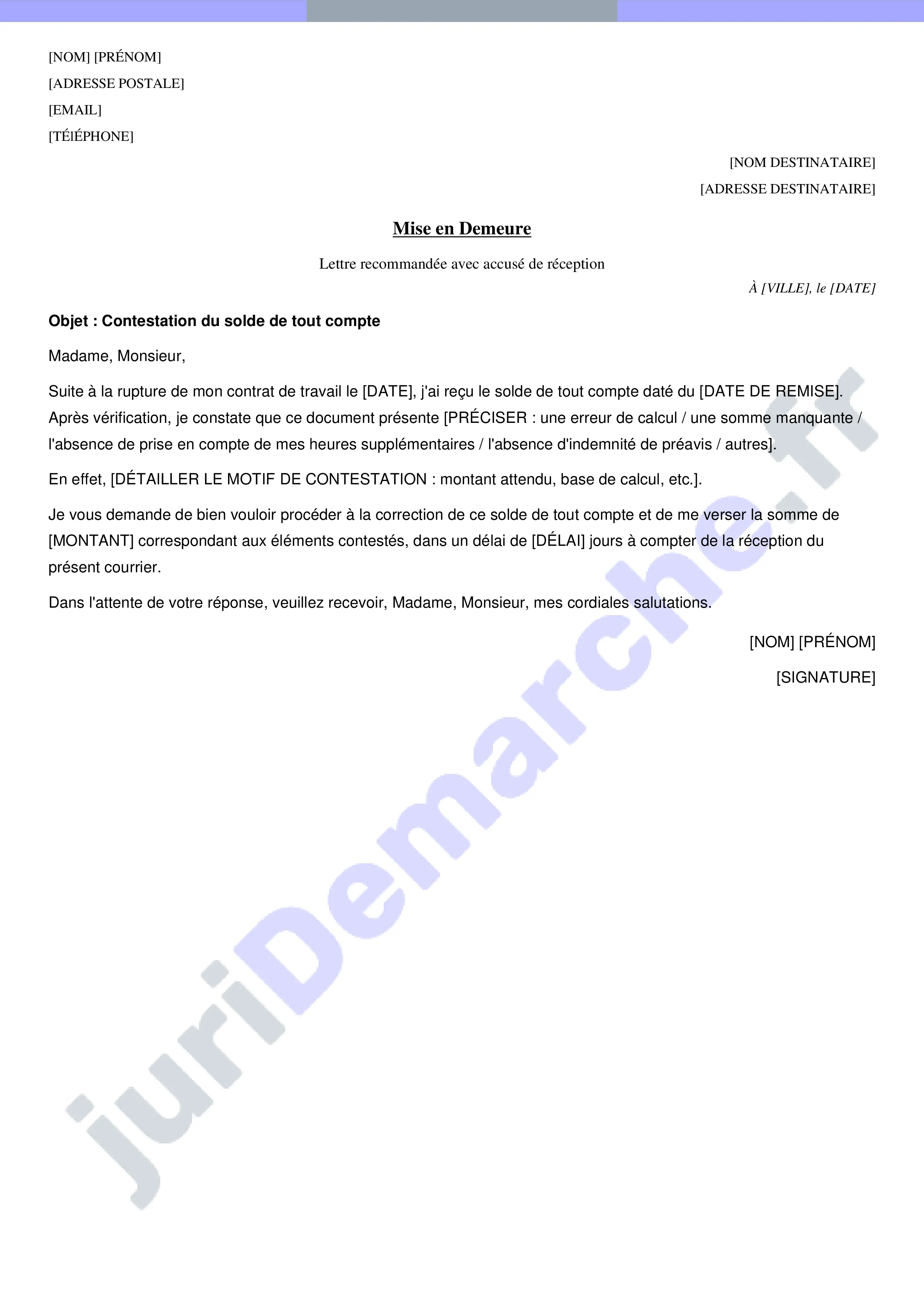Réclamation solde de tout compte : modèle de courrier