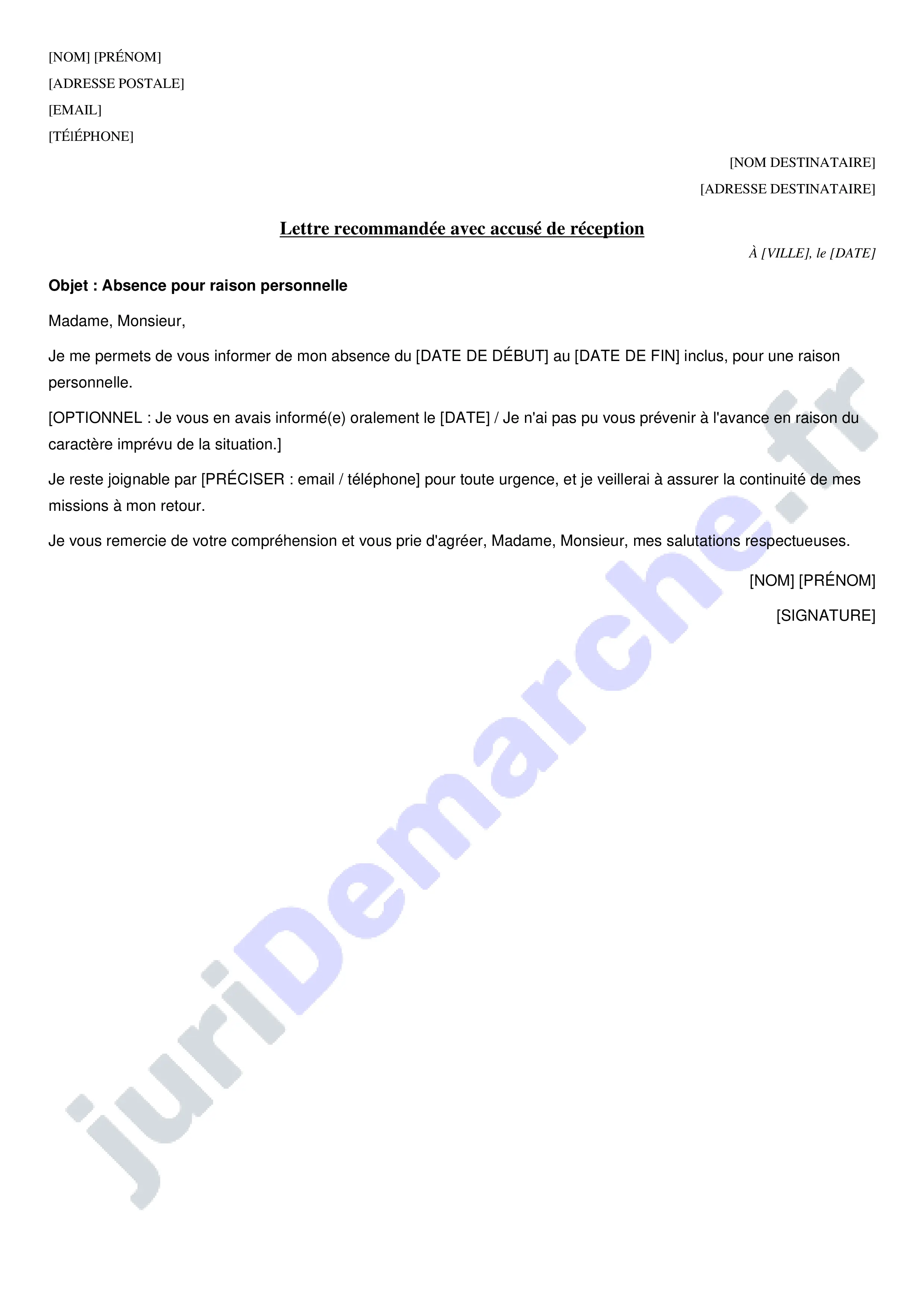 Lettre d'absence au travail pour raison personnelle : modèle