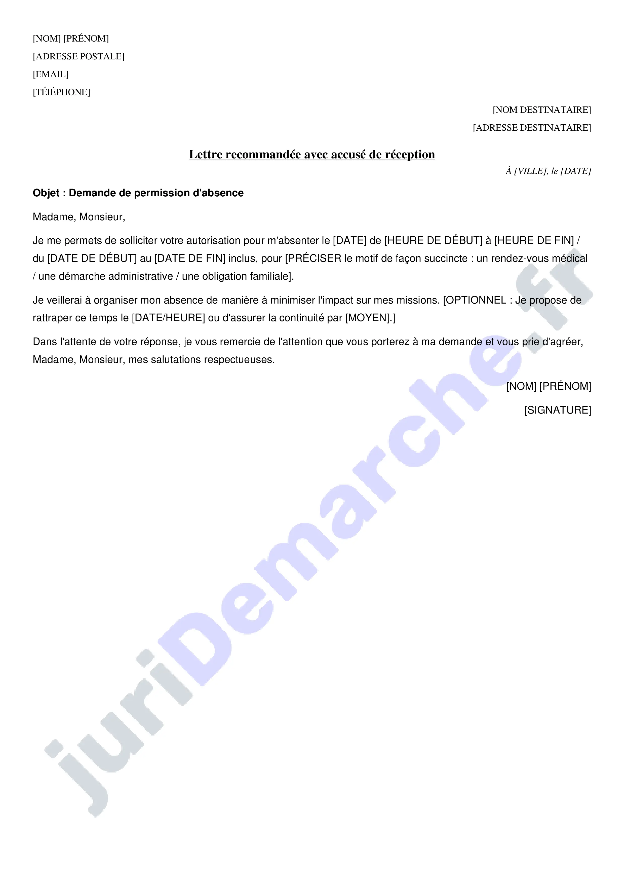 Demande de permission d'absence au travail : modèle de lettre