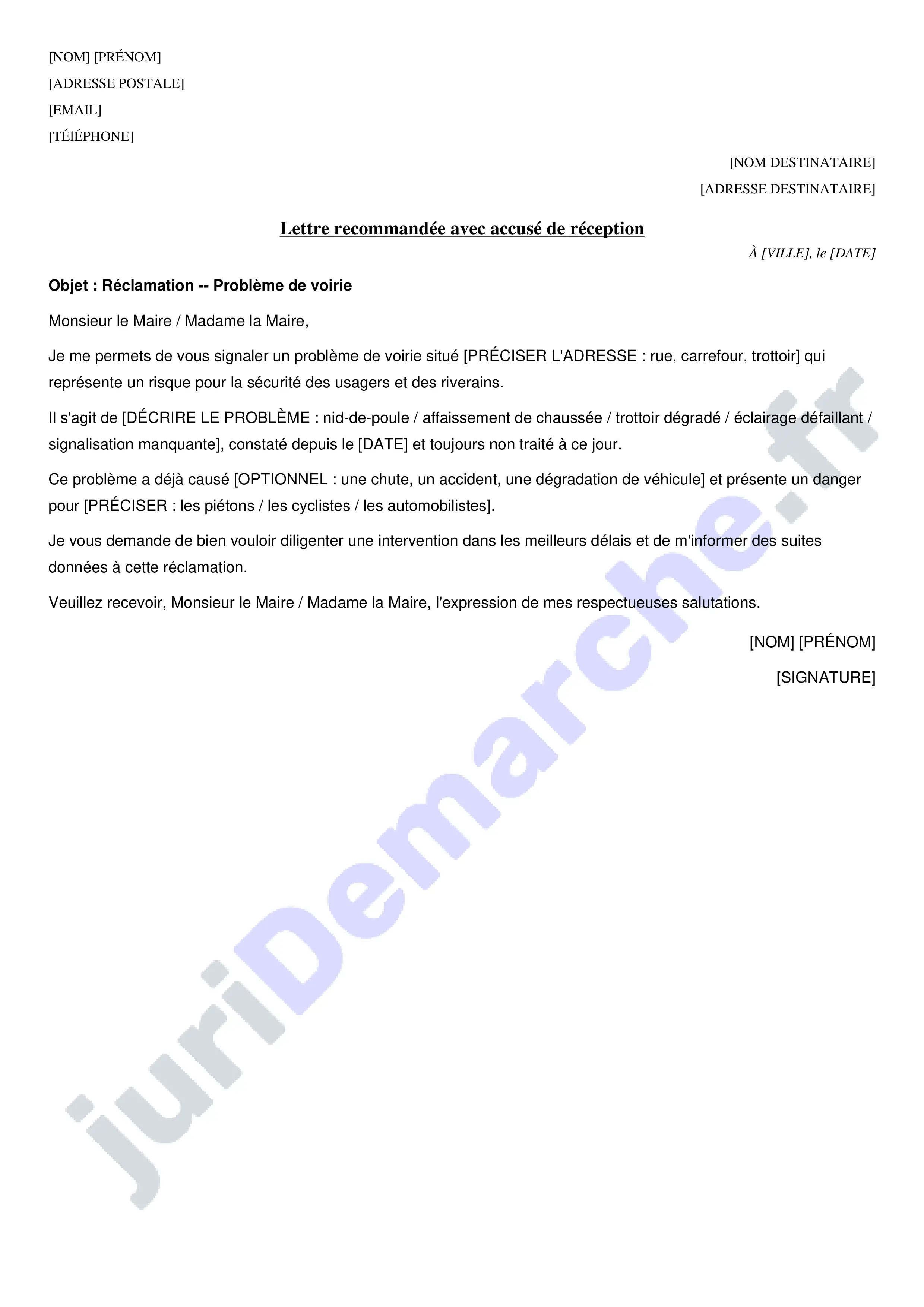 Lettre de réclamation mairie voirie : modèle de courrier