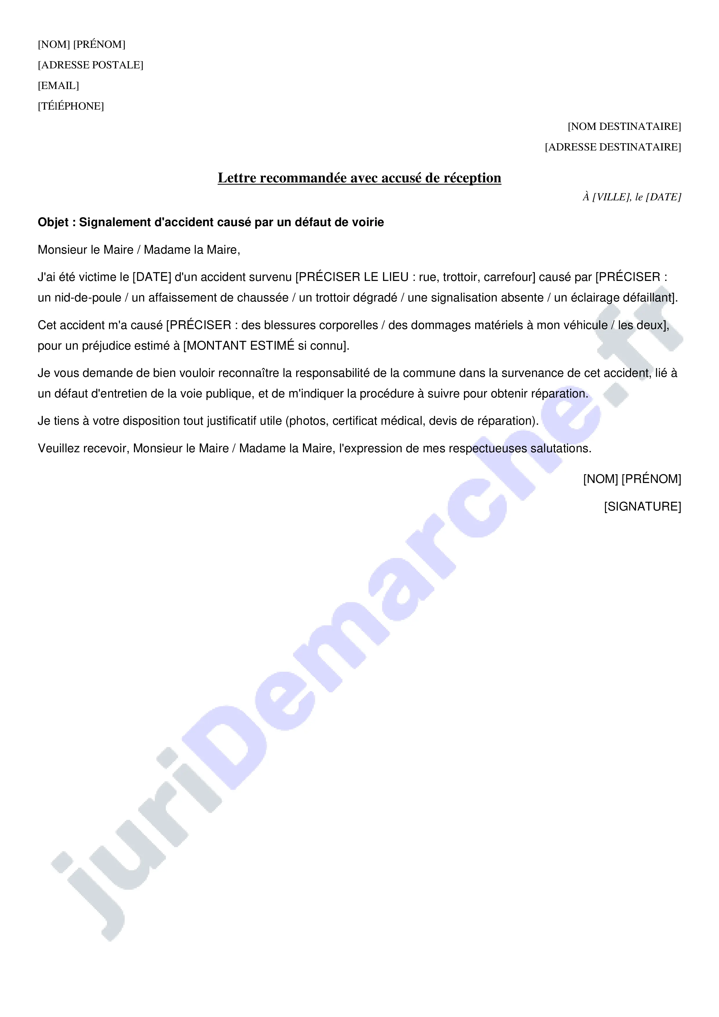 Lettre mairie accident voirie : modèle de courrier