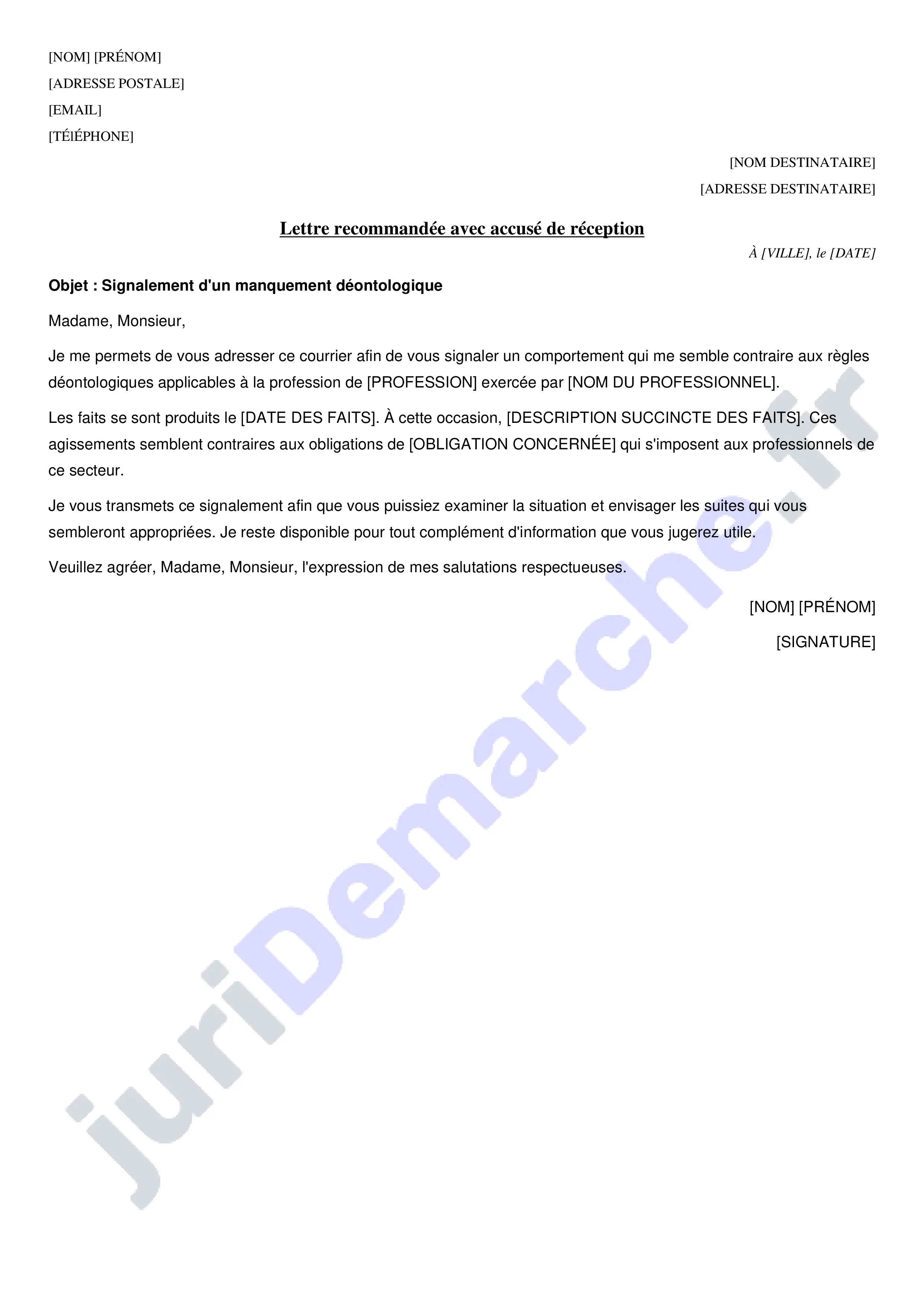 Courrier déontologique : modèle de lettre gratuit