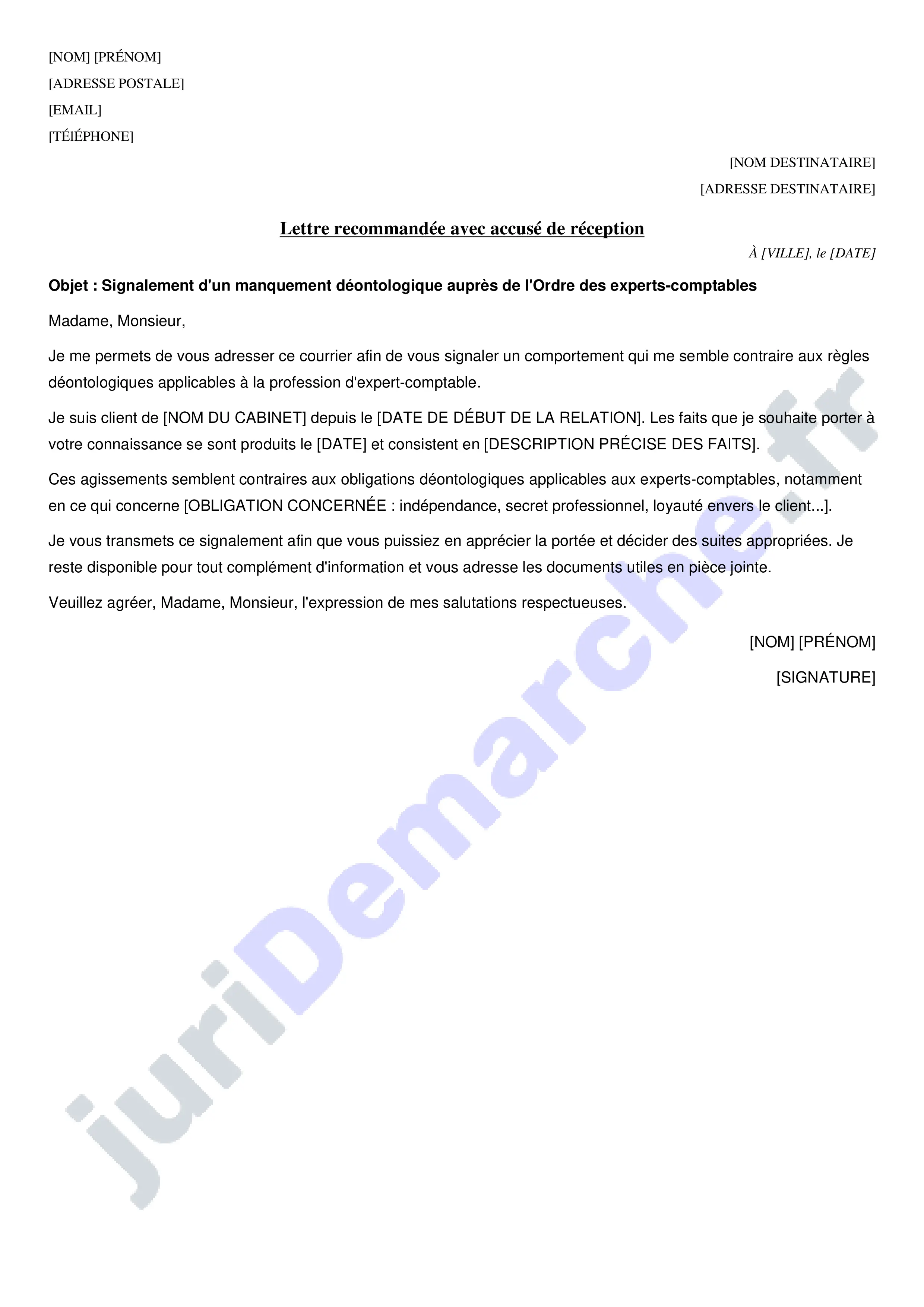 Courrier déontologique expert-comptable : modèle de lettre