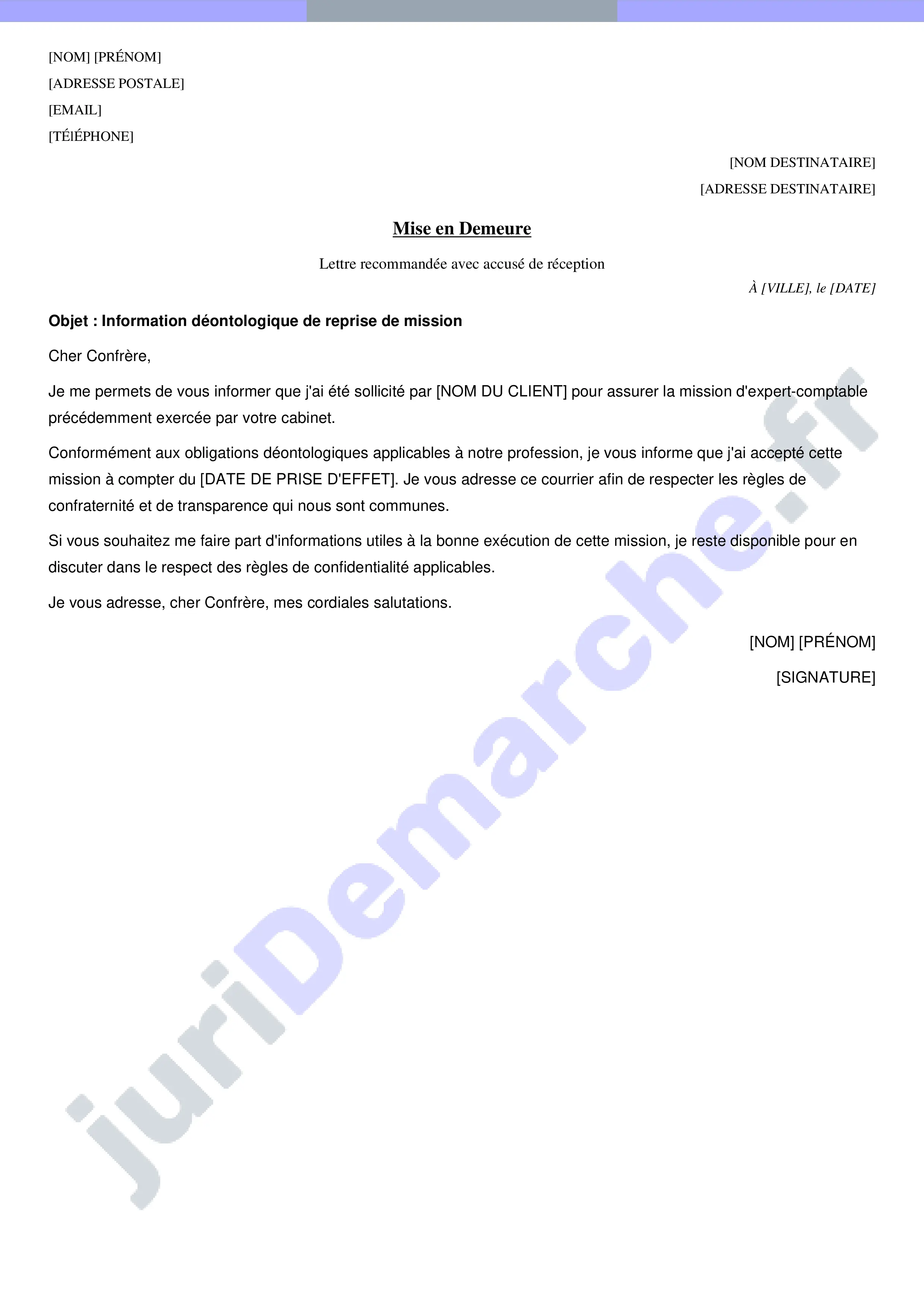 Lettre déontologique de reprise : modèle expert-comptable