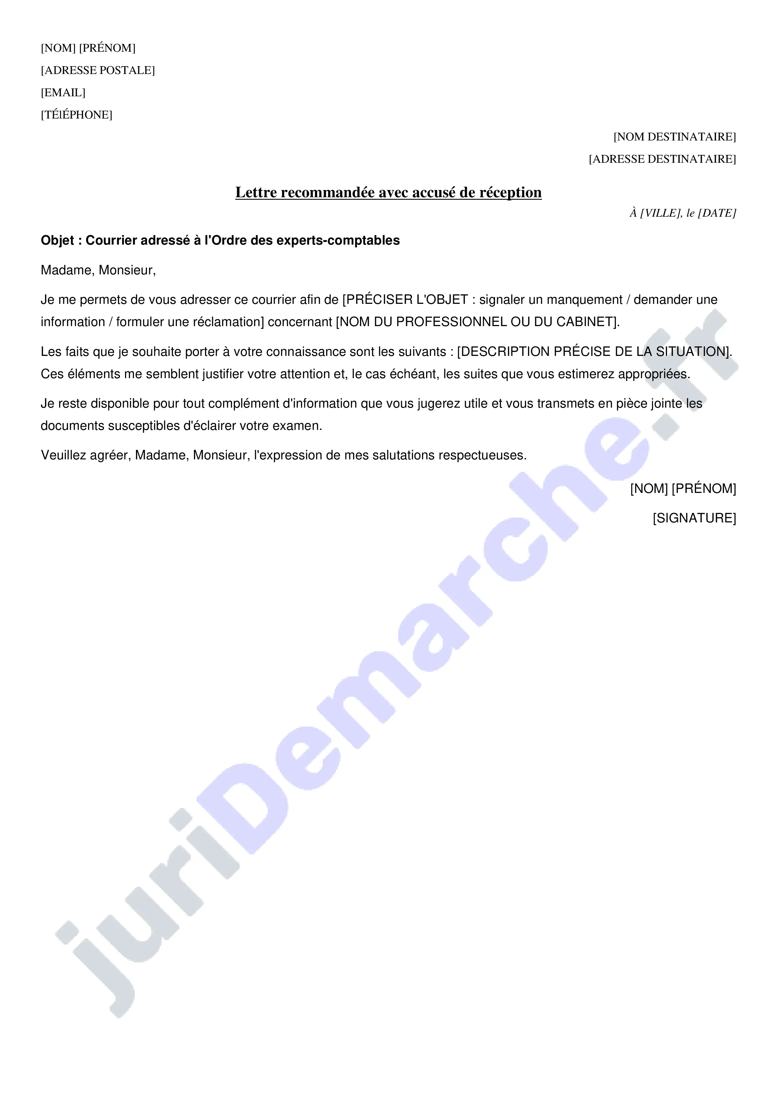 Courrier à l'ordre des experts-comptables : modèle de lettre